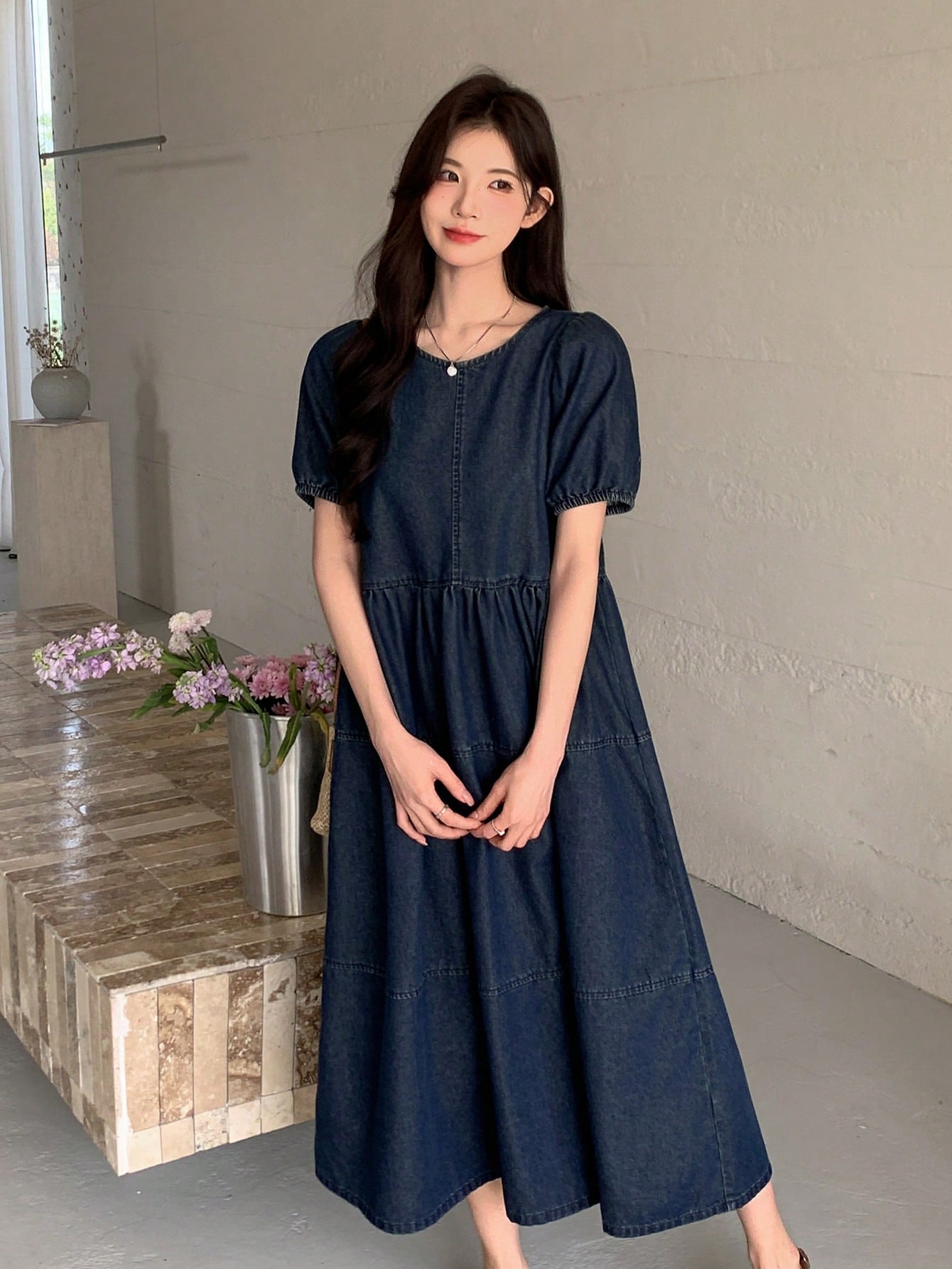 CM-DS713274 Women Casual Seoul Style Round Neck Short Puff Sleeve Loose Denim Skater Dress