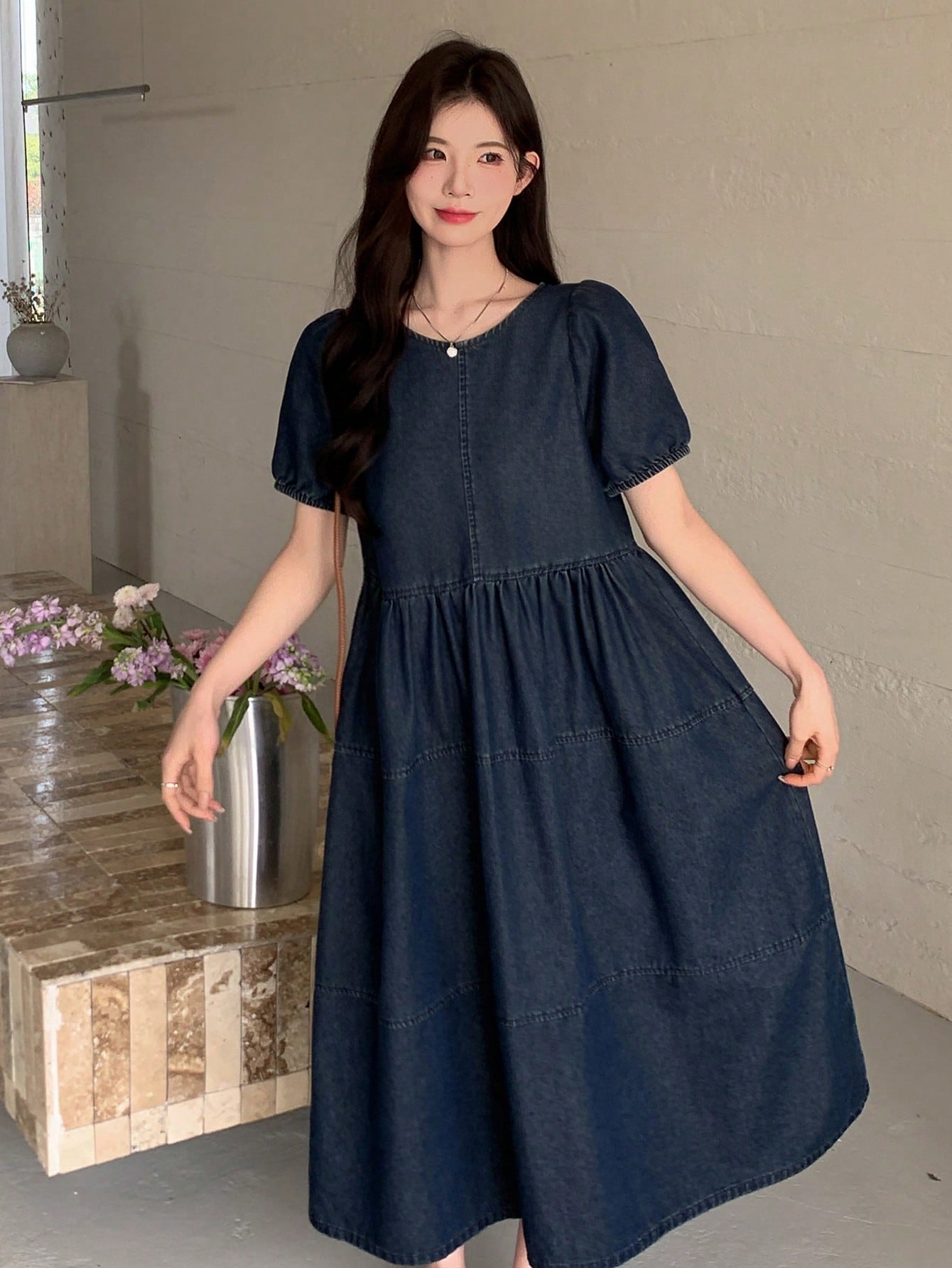 CM-DS713274 Women Casual Seoul Style Round Neck Short Puff Sleeve Loose Denim Skater Dress