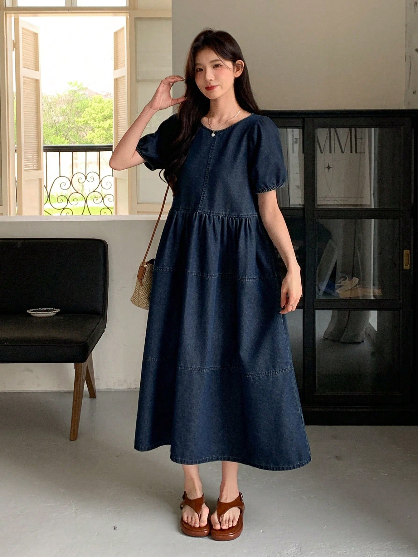 CM-DS713274 Women Casual Seoul Style Round Neck Short Puff Sleeve Loose Denim Skater Dress