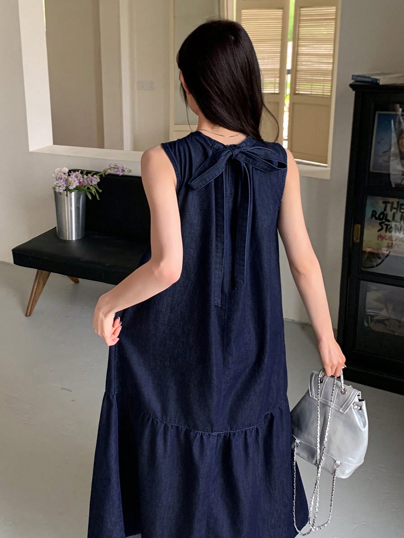 CM-DS238333 Women Casual Seoul Style Round Neck Sleeveless Bow Tie Decor Long Doll Denim Dress
