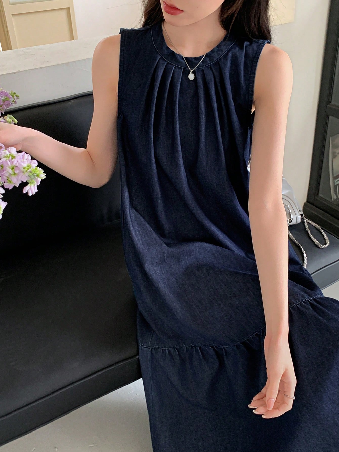 CM-DS238333 Women Casual Seoul Style Round Neck Sleeveless Bow Tie Decor Long Doll Denim Dress