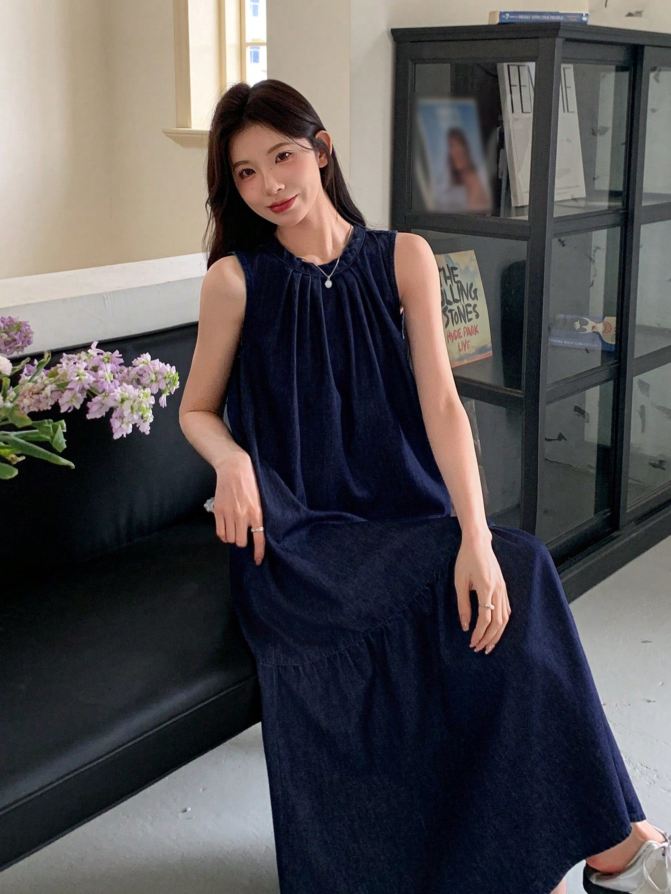 CM-DS238333 Women Casual Seoul Style Round Neck Sleeveless Bow Tie Decor Long Doll Denim Dress