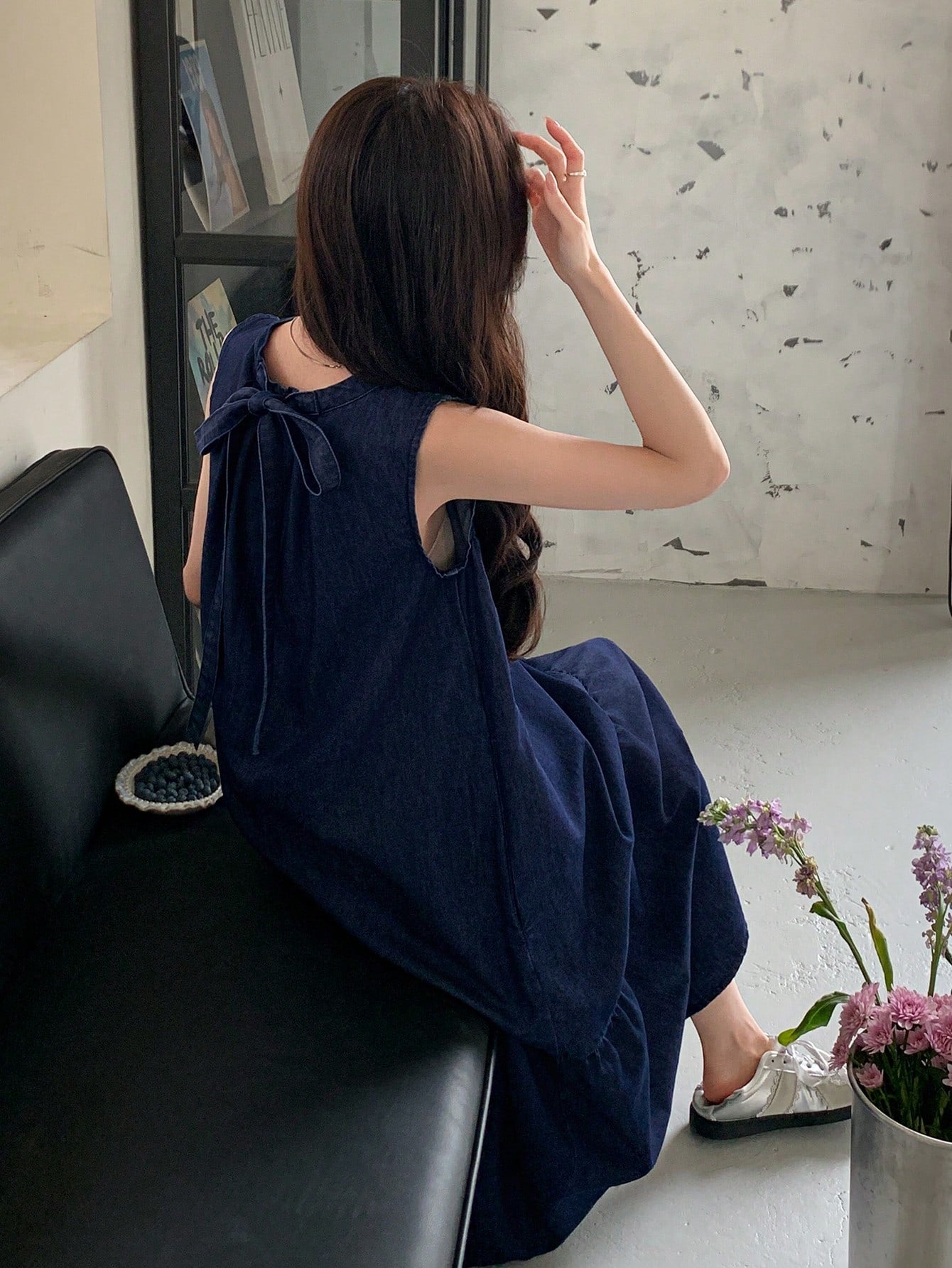 CM-DS238333 Women Casual Seoul Style Round Neck Sleeveless Bow Tie Decor Long Doll Denim Dress
