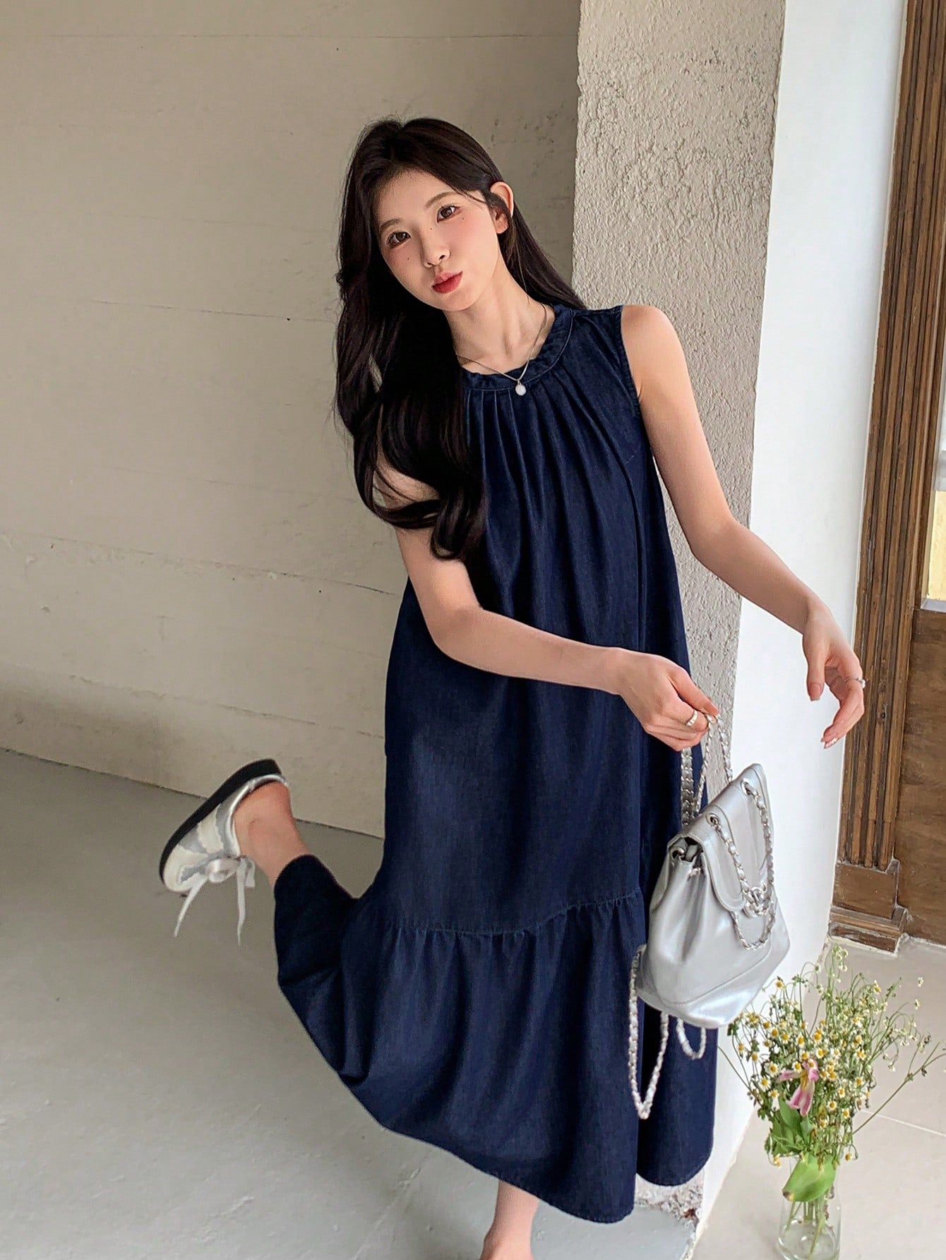 CM-DS238333 Women Casual Seoul Style Round Neck Sleeveless Bow Tie Decor Long Doll Denim Dress