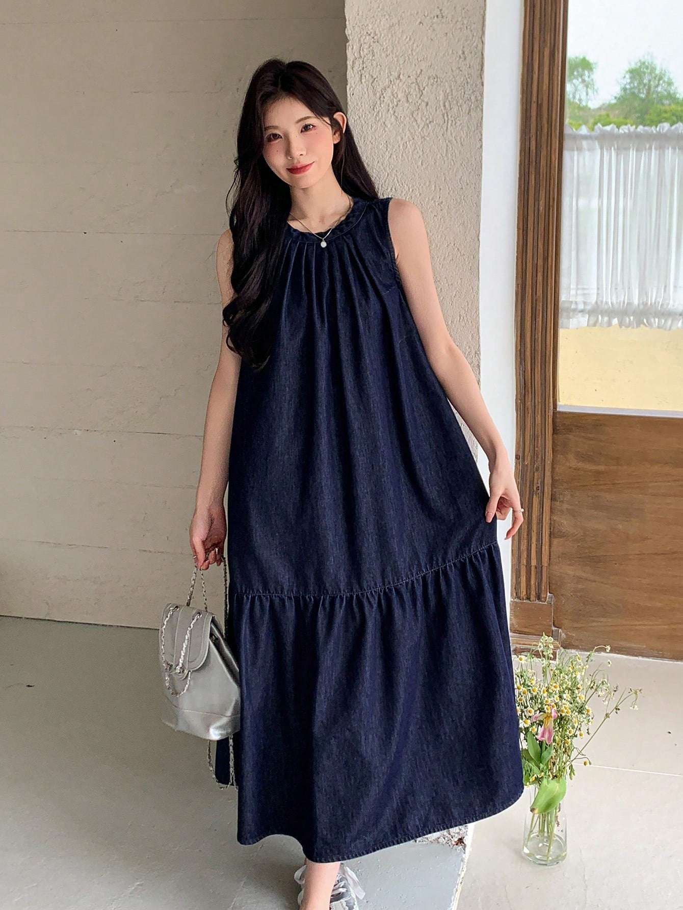 CM-DS238333 Women Casual Seoul Style Round Neck Sleeveless Bow Tie Decor Long Doll Denim Dress