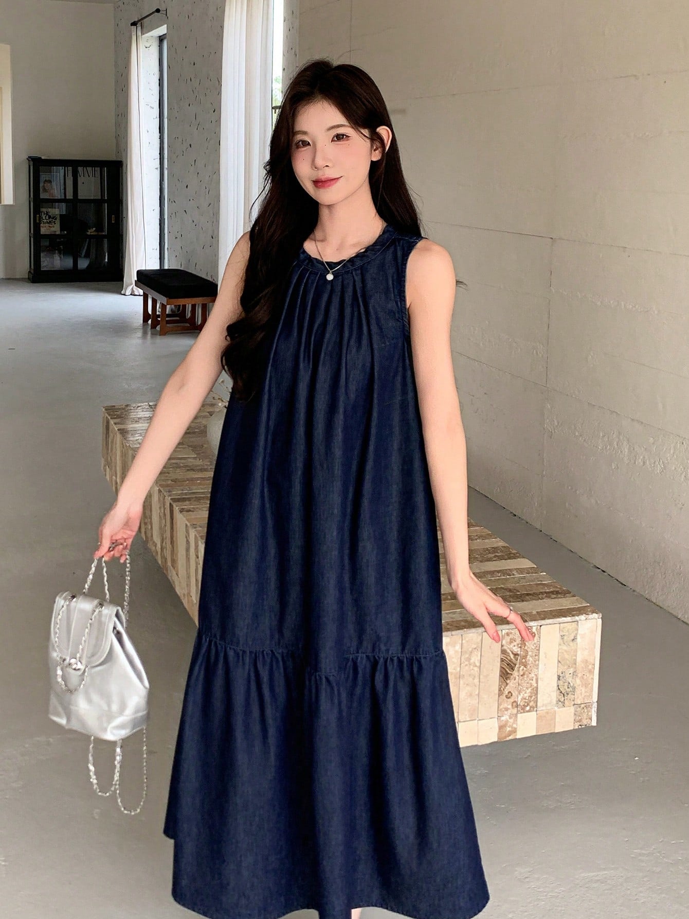 CM-DS238333 Women Casual Seoul Style Round Neck Sleeveless Bow Tie Decor Long Doll Denim Dress