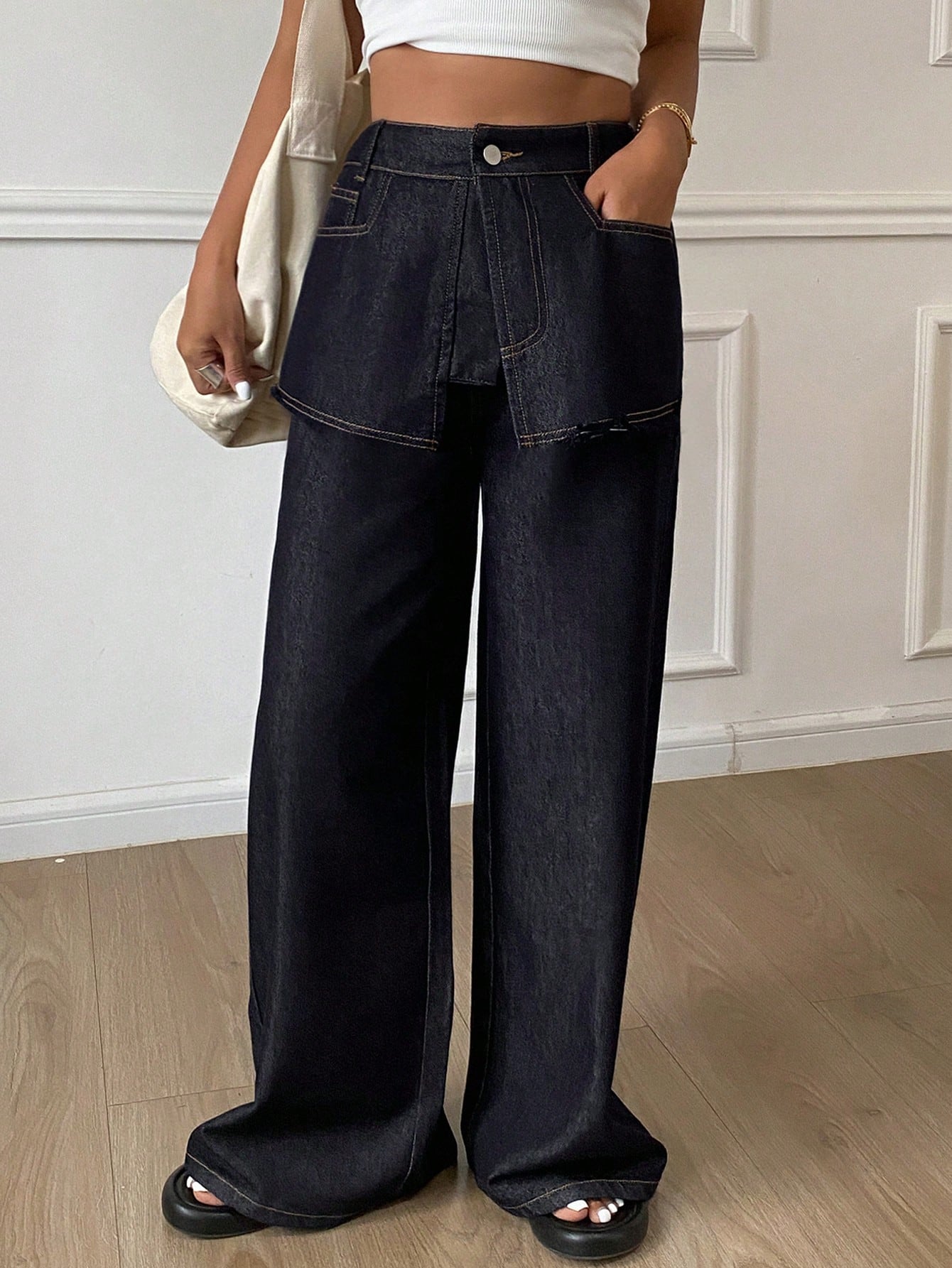 CM-BS443485 Women Casual Seoul Style Loose 2 Pieces Wide Leg Denim Pants - Blue