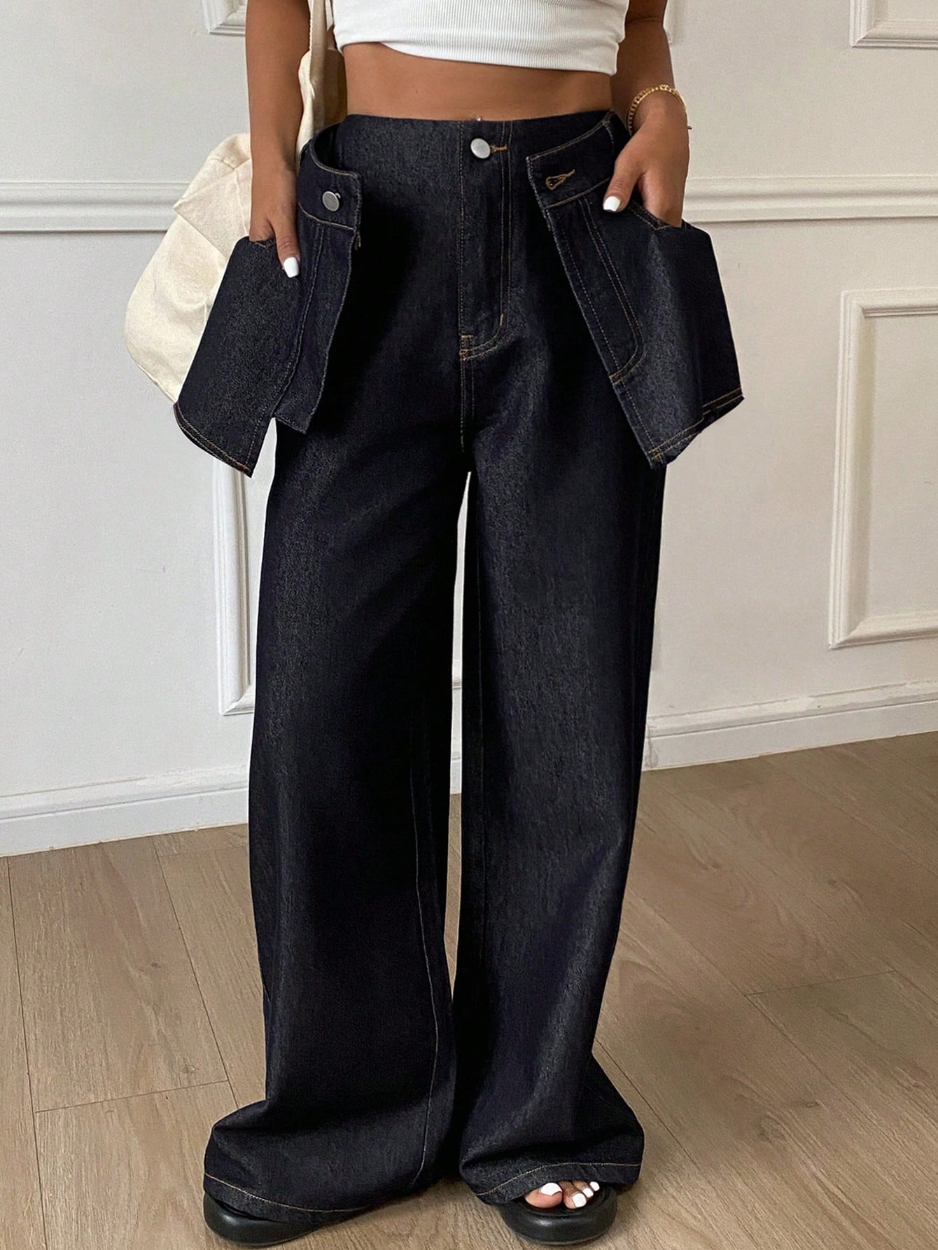 CM-BS443485 Women Casual Seoul Style Loose 2 Pieces Wide Leg Denim Pants - Blue