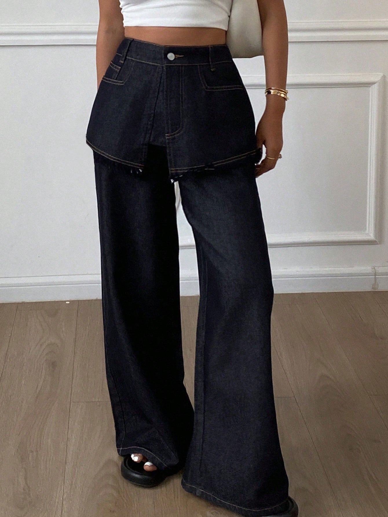 CM-BS443485 Women Casual Seoul Style Loose 2 Pieces Wide Leg Denim Pants - Blue