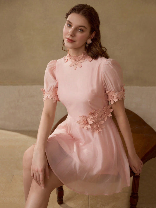 CM-DS801651 Women Elegant Seoul Style Stand Collar Floral Patched Puff Sleeve A-Line Dress - Pink