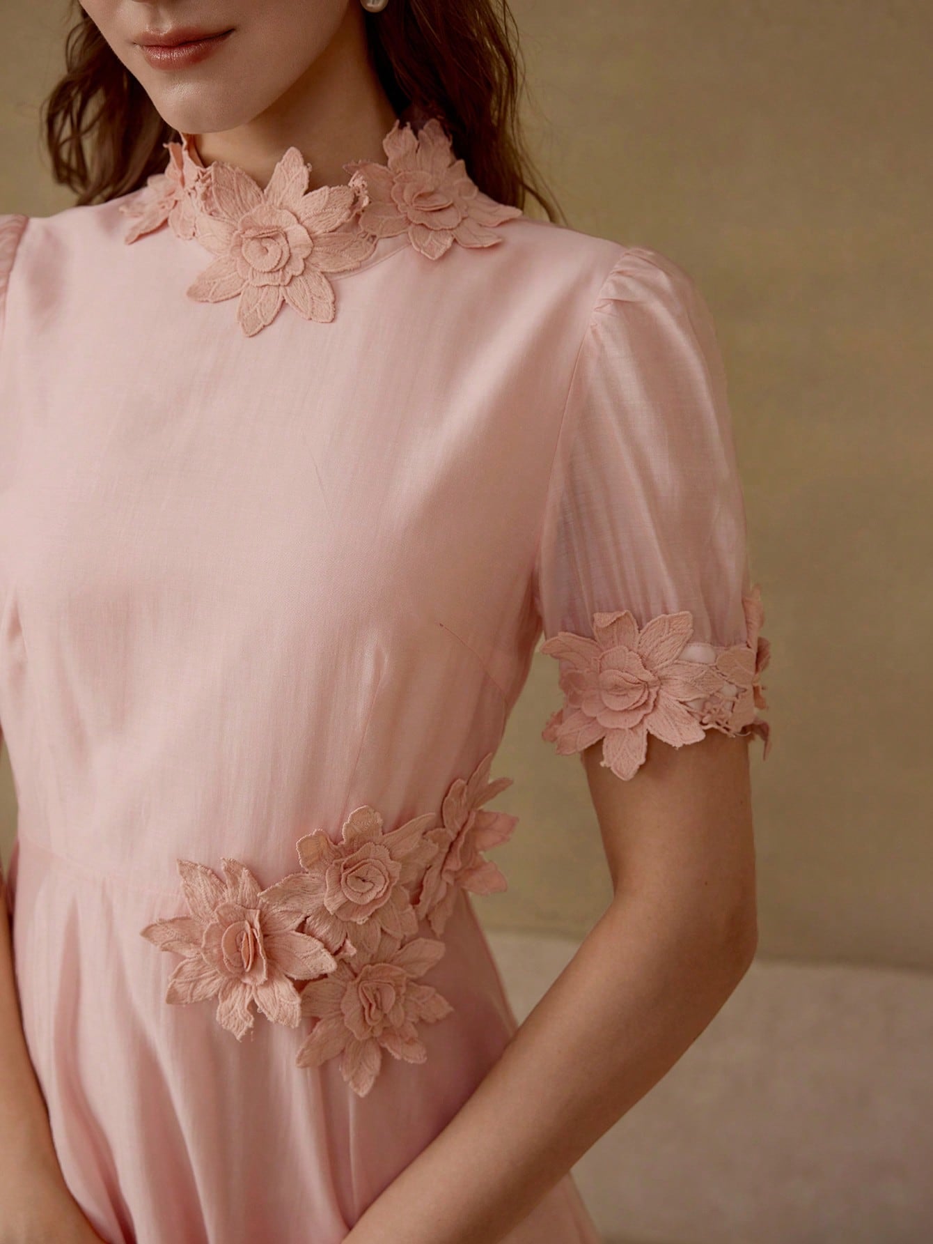 CM-DS801651 Women Elegant Seoul Style Stand Collar Floral Patched Puff Sleeve A-Line Dress - Pink