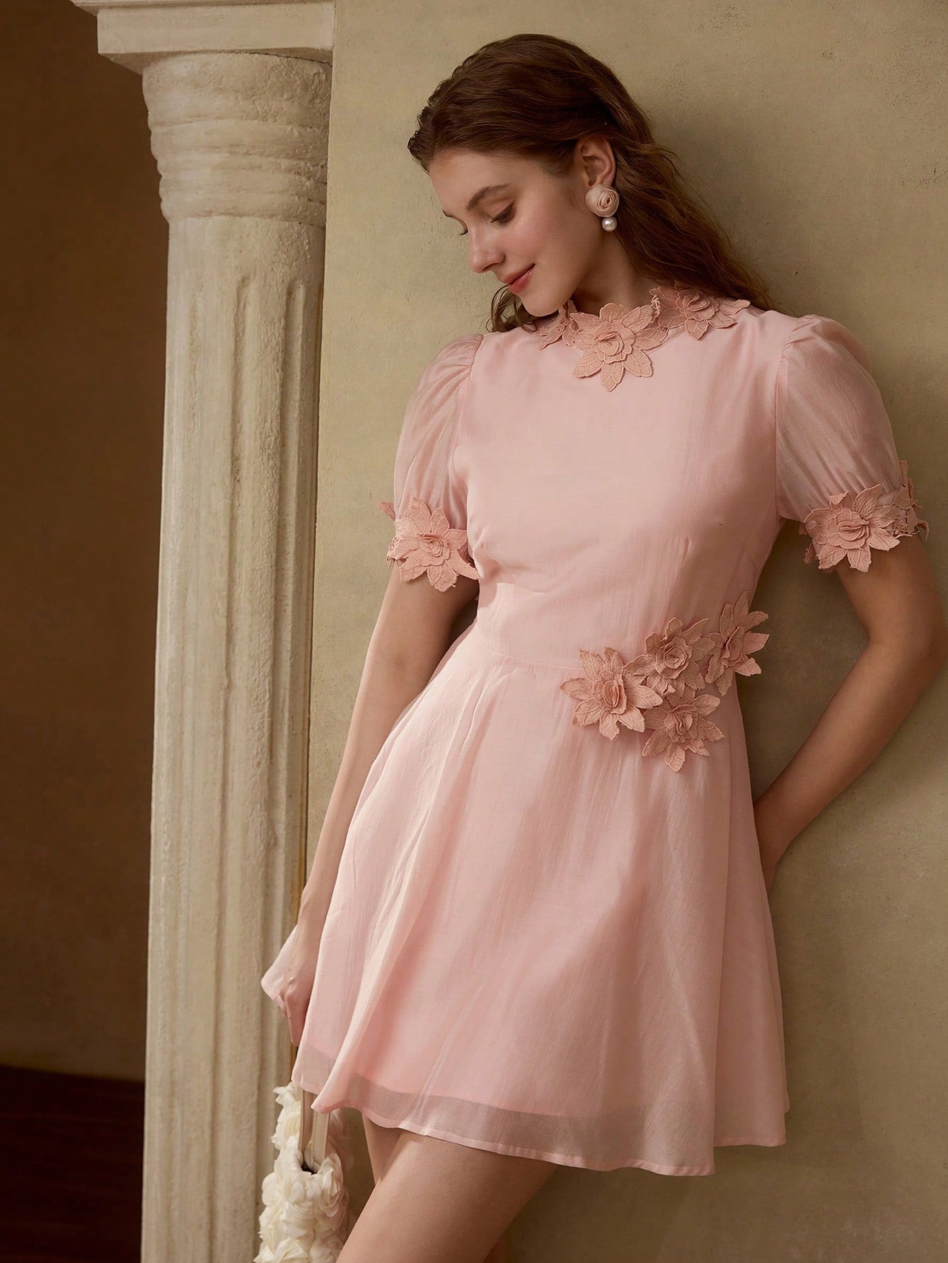 CM-DS801651 Women Elegant Seoul Style Stand Collar Floral Patched Puff Sleeve A-Line Dress - Pink