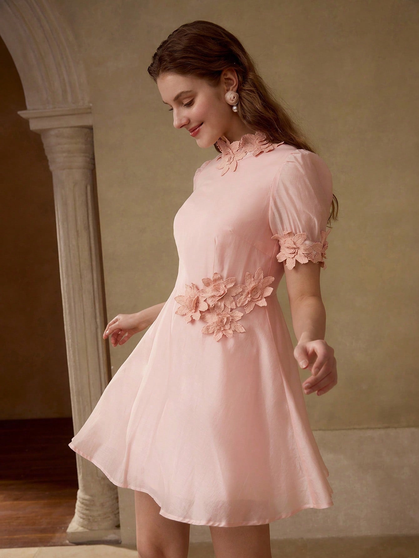 CM-DS801651 Women Elegant Seoul Style Stand Collar Floral Patched Puff Sleeve A-Line Dress - Pink