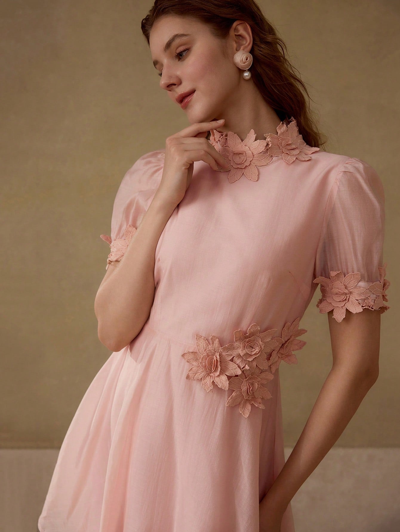 CM-DS801651 Women Elegant Seoul Style Stand Collar Floral Patched Puff Sleeve A-Line Dress - Pink