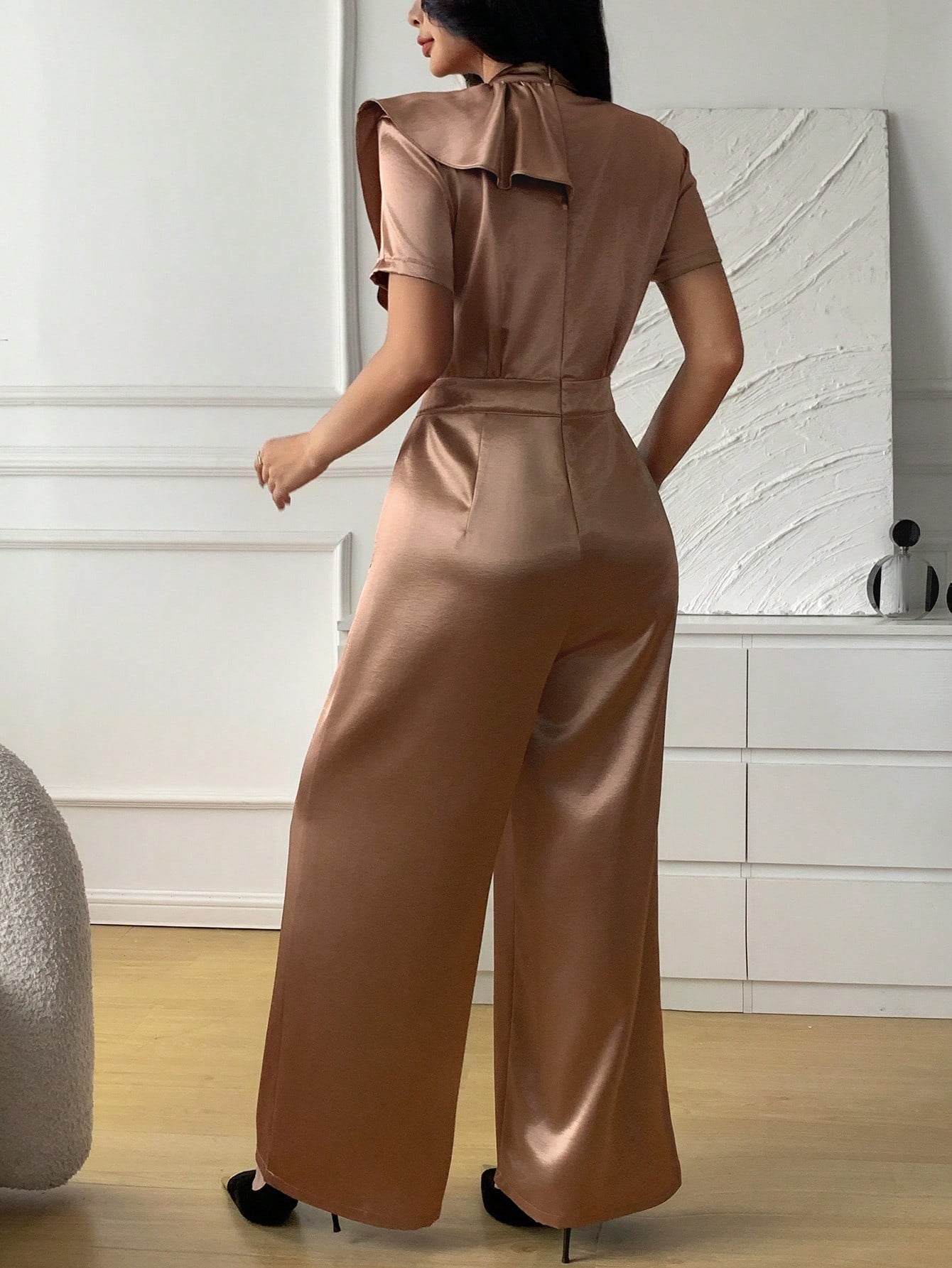 CM-JS955655 Women Elegant Seoul Style Stand Collar Batwing Sleeve Ruffle High Waist Wide Leg Jumpsuit