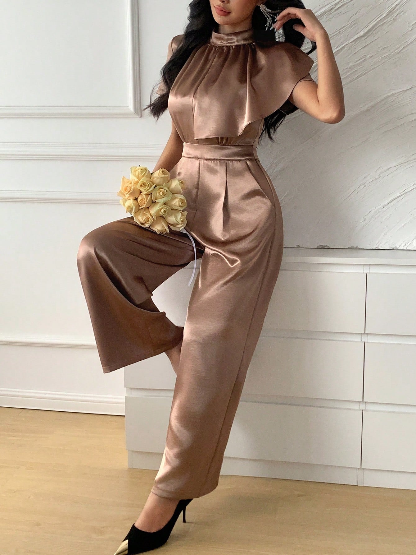 CM-JS955655 Women Elegant Seoul Style Stand Collar Batwing Sleeve Ruffle High Waist Wide Leg Jumpsuit