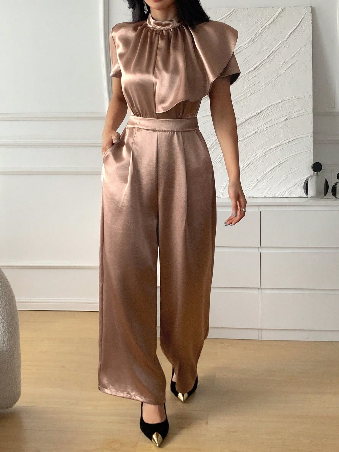 CM-JS955655 Women Elegant Seoul Style Stand Collar Batwing Sleeve Ruffle High Waist Wide Leg Jumpsuit