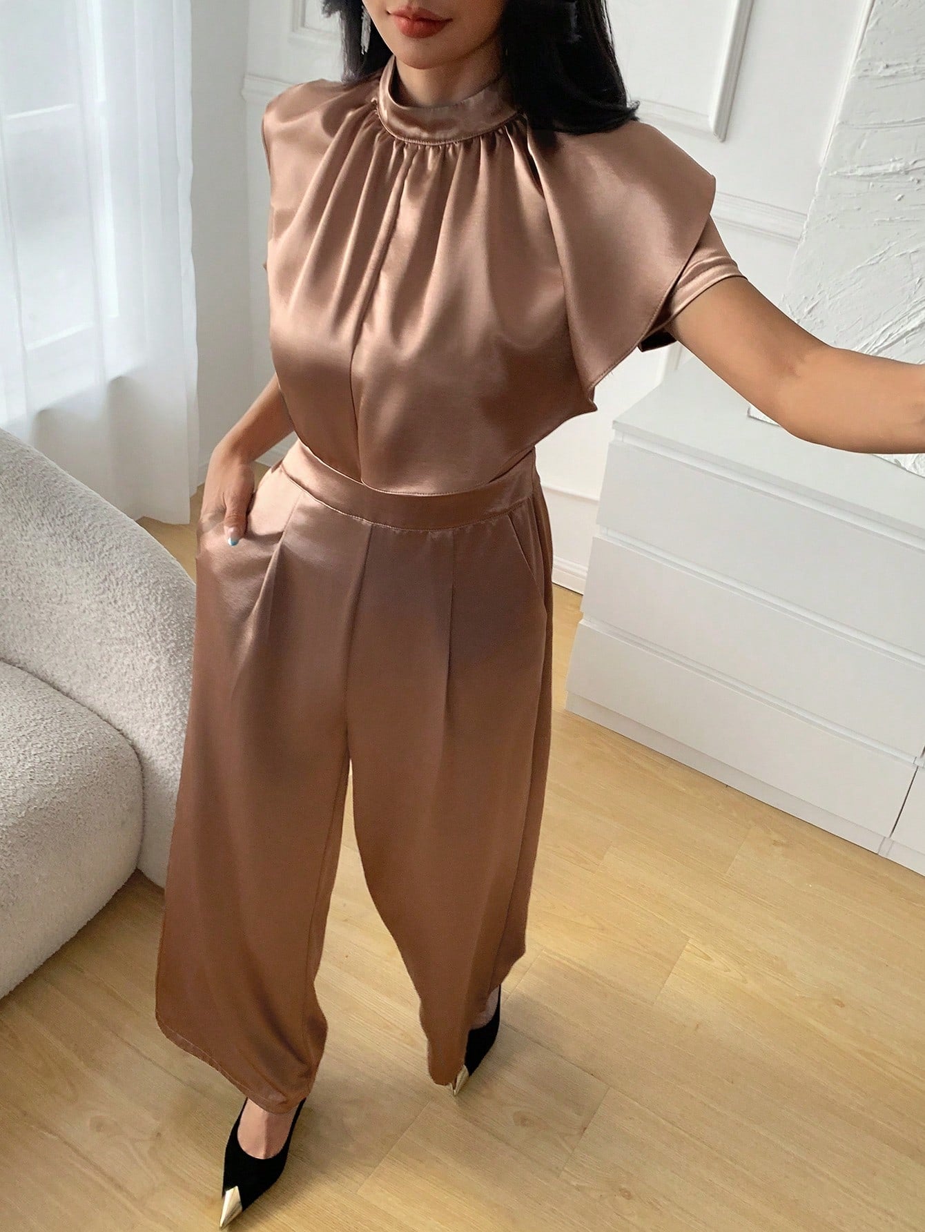 CM-JS955655 Women Elegant Seoul Style Stand Collar Batwing Sleeve Ruffle High Waist Wide Leg Jumpsuit