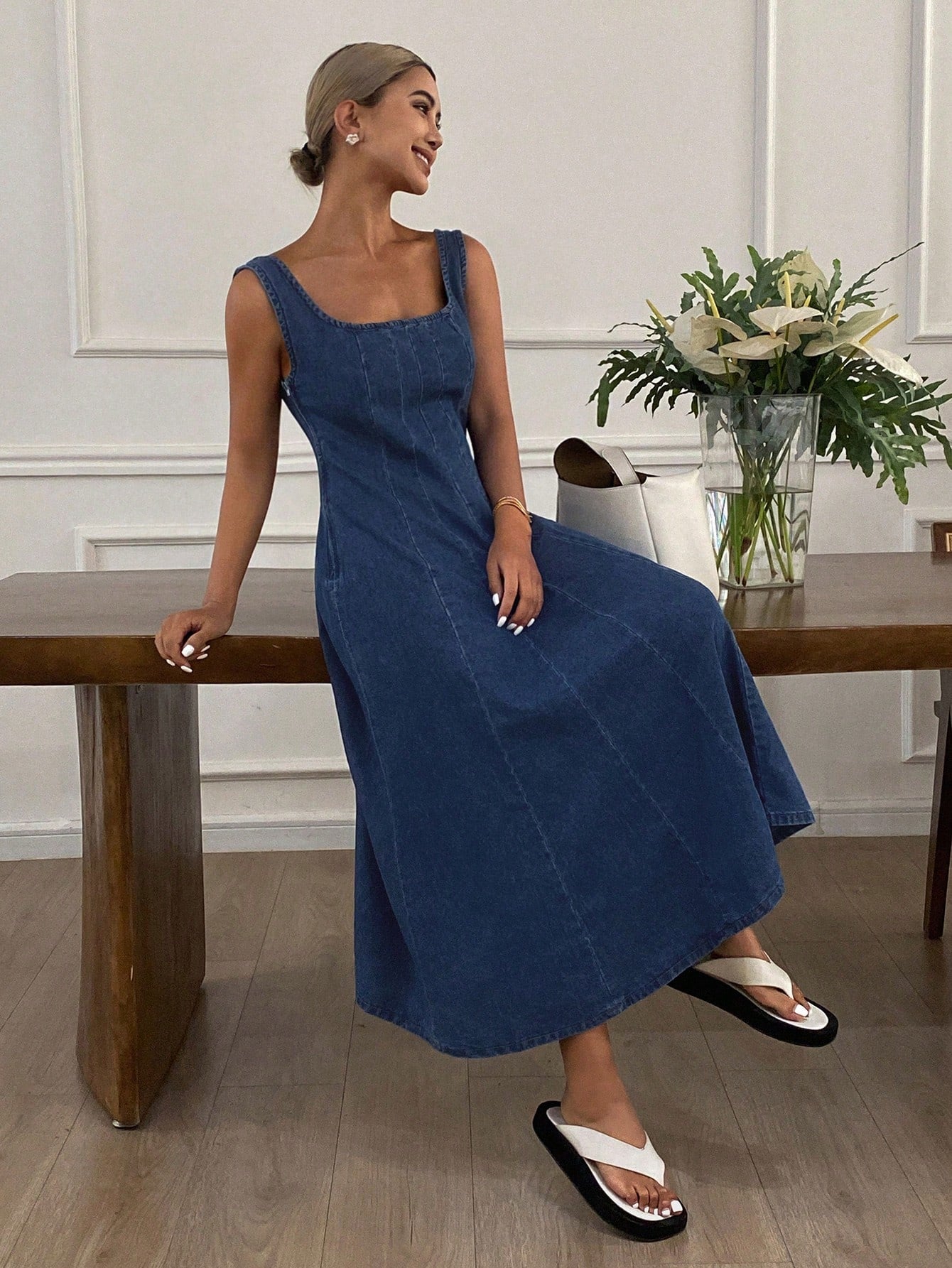 CM-DS459873 Women Casual Seoul Style Solid Square Neck Sleeveless A-Line Denim Dress - Blue