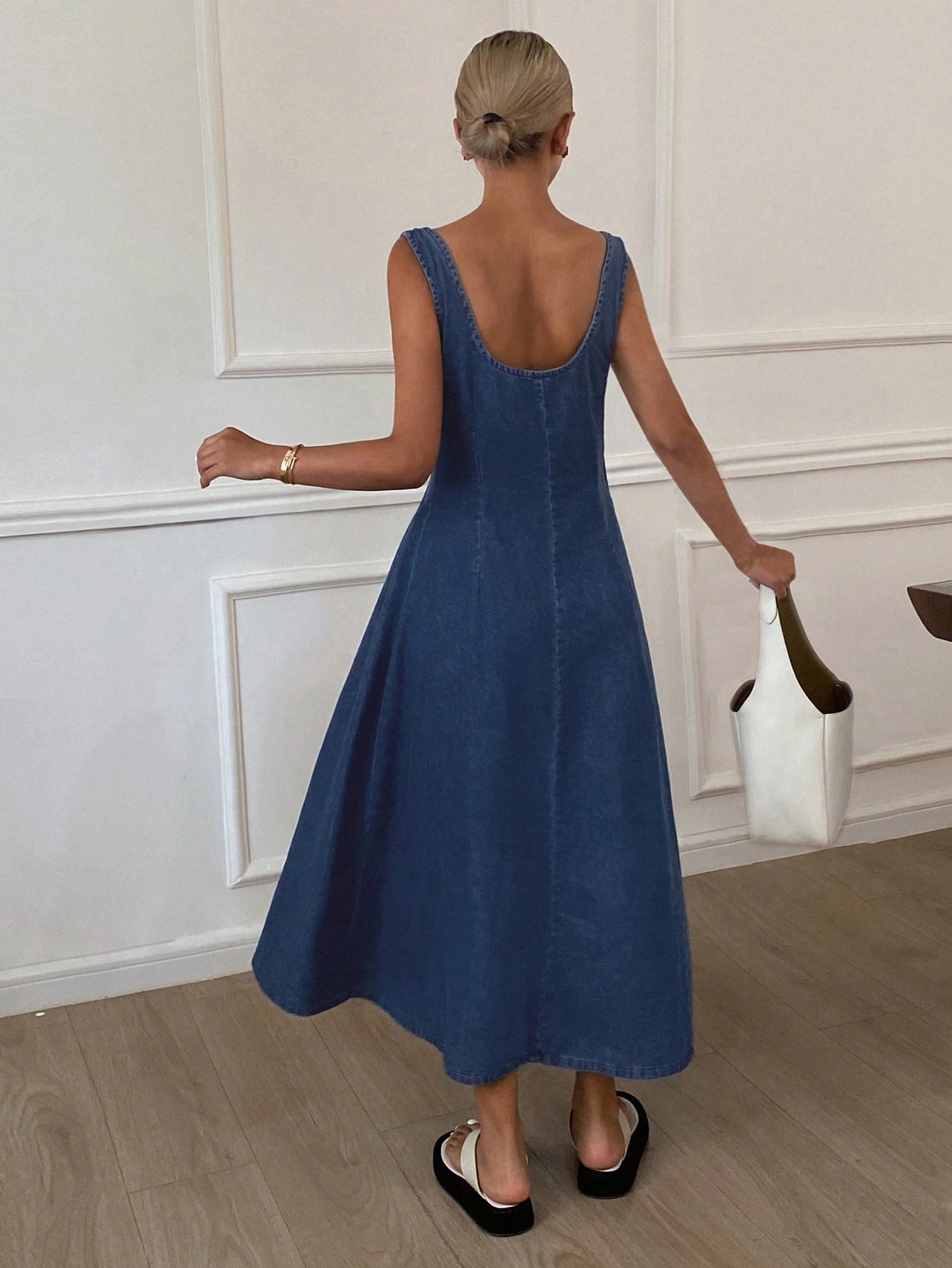 CM-DS459873 Women Casual Seoul Style Solid Square Neck Sleeveless A-Line Denim Dress - Blue