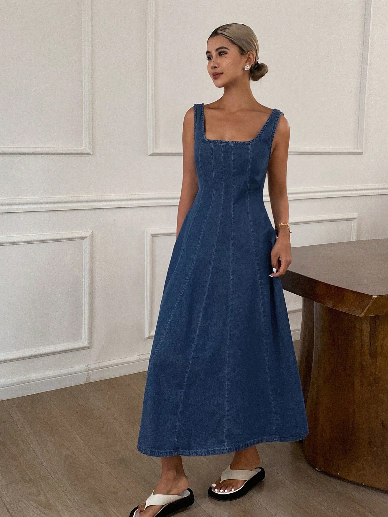 CM-DS459873 Women Casual Seoul Style Solid Square Neck Sleeveless A-Line Denim Dress - Blue