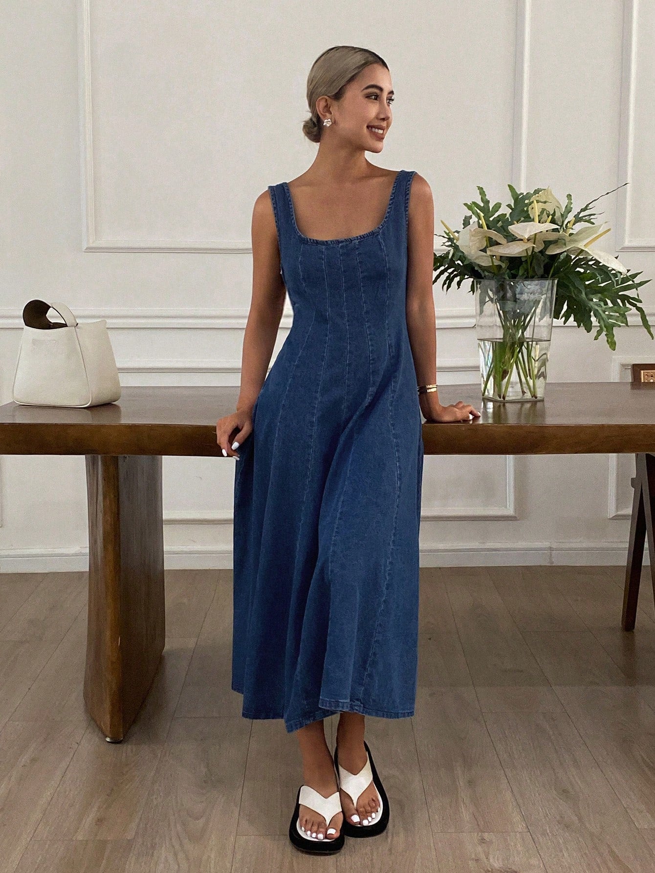 CM-DS459873 Women Casual Seoul Style Solid Square Neck Sleeveless A-Line Denim Dress - Blue