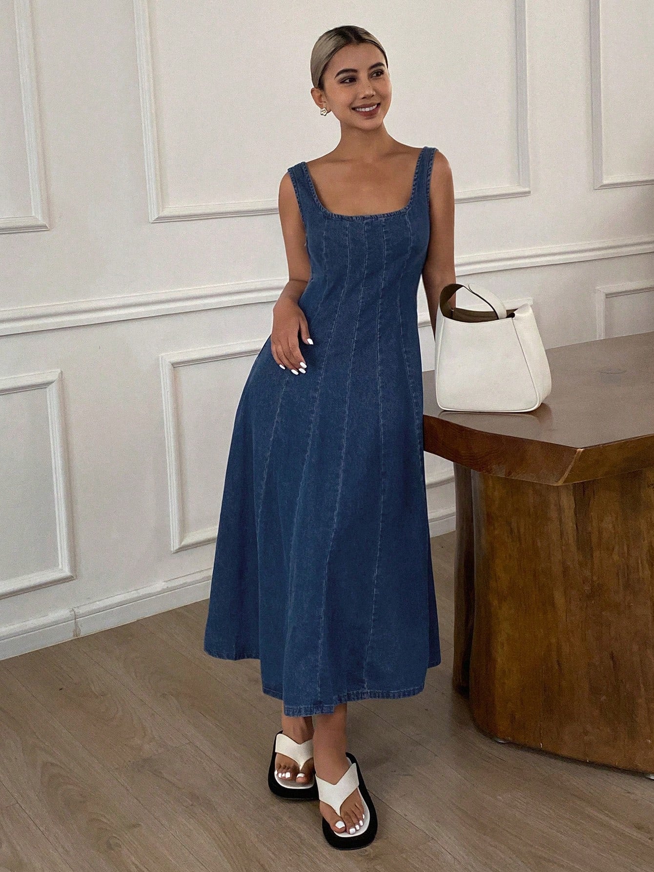 CM-DS459873 Women Casual Seoul Style Solid Square Neck Sleeveless A-Line Denim Dress - Blue