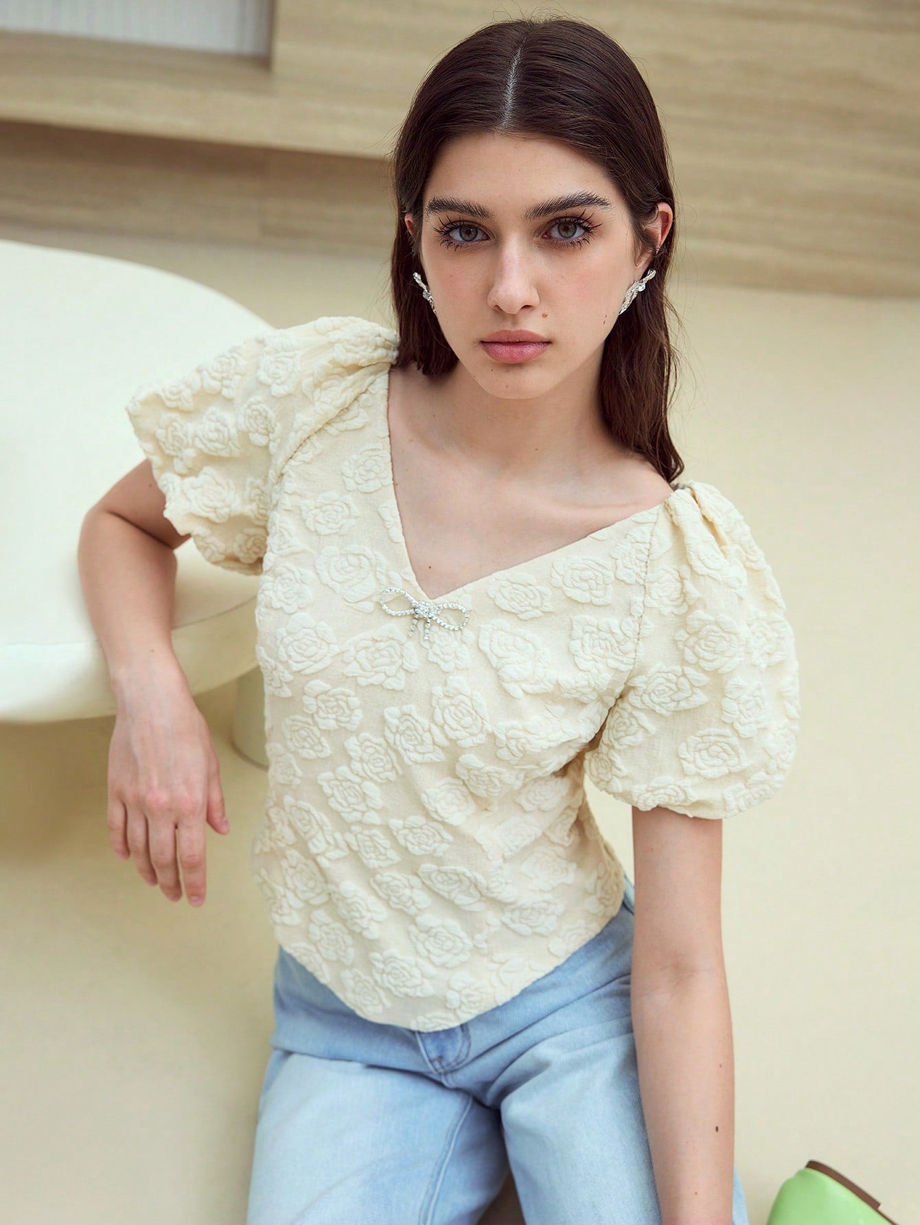 CM-TS451251 Women Elegant Seoul Style V-Neck Puff Sleeve Asymmetrical Blouse - Apricot