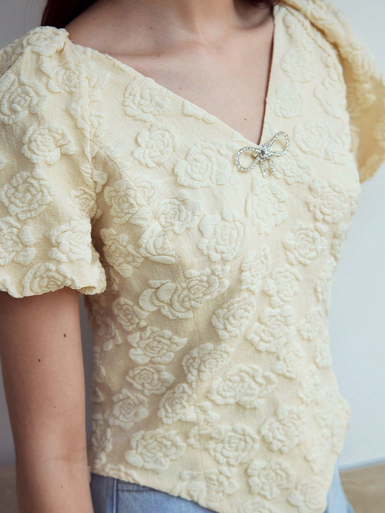 CM-TS451251 Women Elegant Seoul Style V-Neck Puff Sleeve Asymmetrical Blouse - Apricot