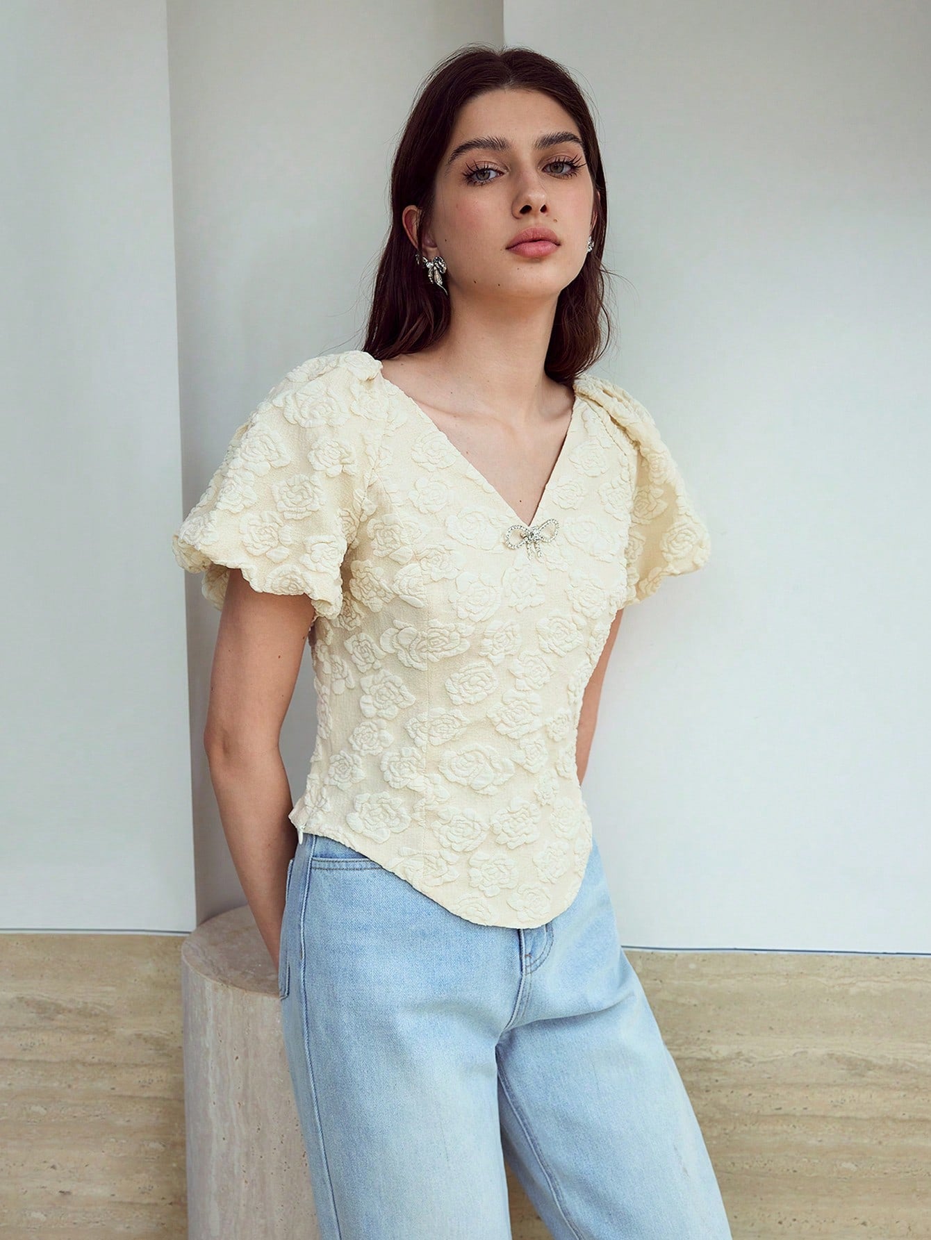 CM-TS451251 Women Elegant Seoul Style V-Neck Puff Sleeve Asymmetrical Blouse - Apricot