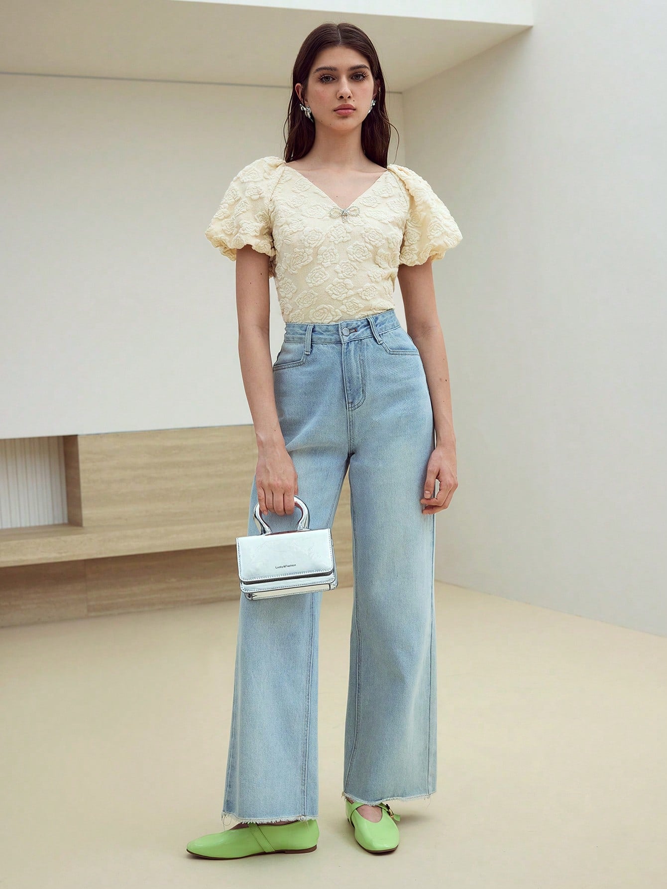 CM-TS451251 Women Elegant Seoul Style V-Neck Puff Sleeve Asymmetrical Blouse - Apricot