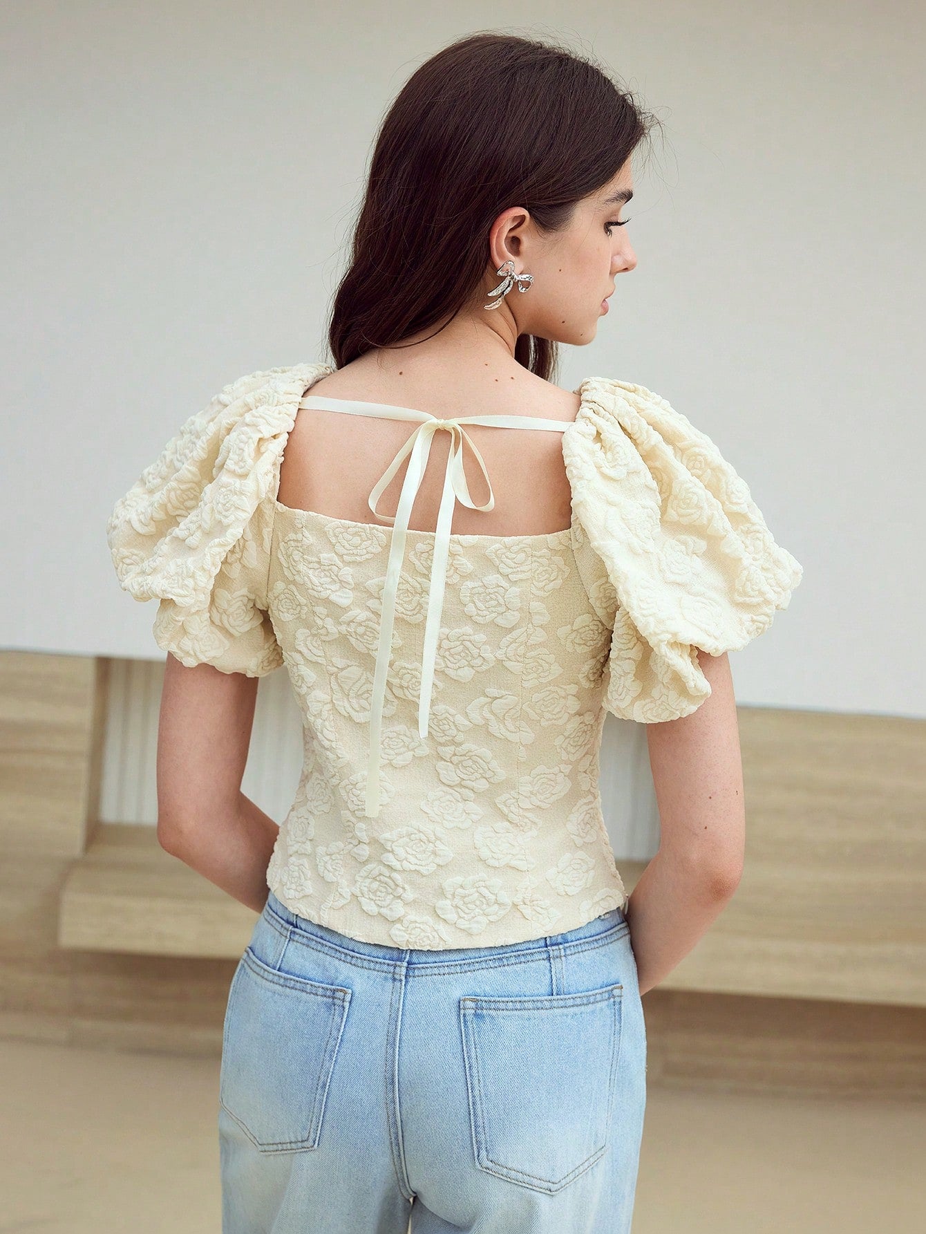 CM-TS451251 Women Elegant Seoul Style V-Neck Puff Sleeve Asymmetrical Blouse - Apricot