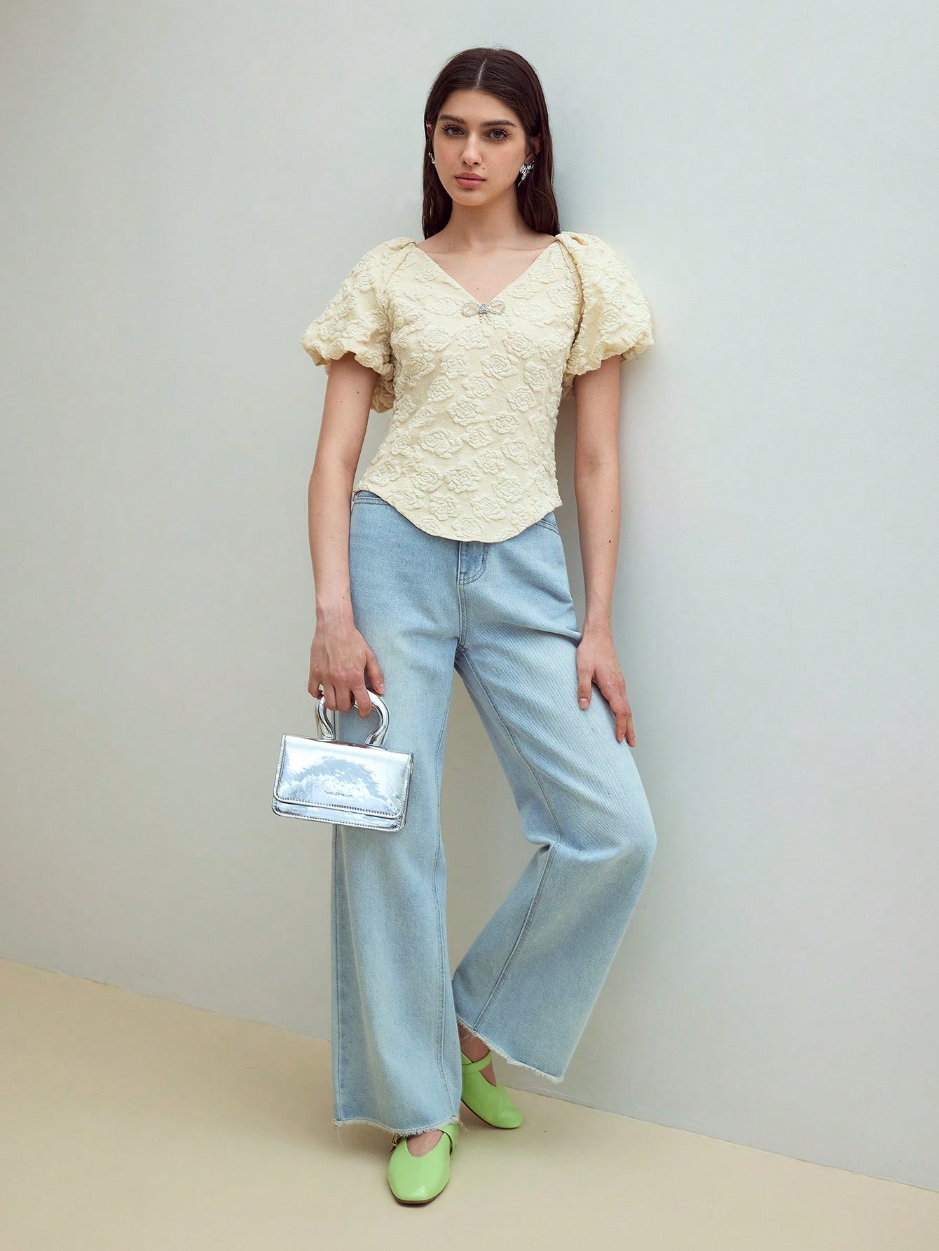CM-TS451251 Women Elegant Seoul Style V-Neck Puff Sleeve Asymmetrical Blouse - Apricot