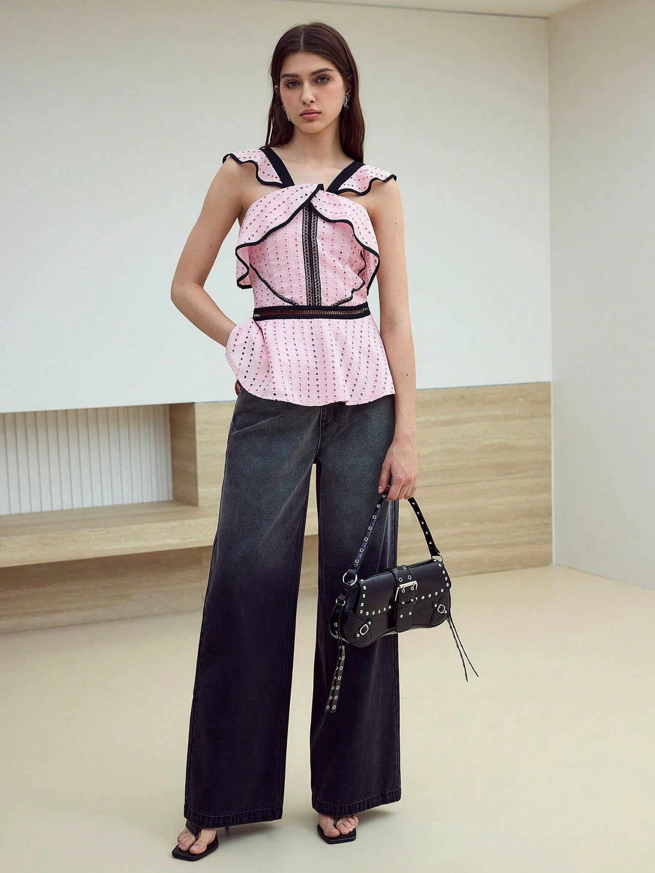 CM-TS070782 Women Elegant Seoul Style V-Neck Sleeveless Contrast Trim Ruffle Detail Top - Baby Pink