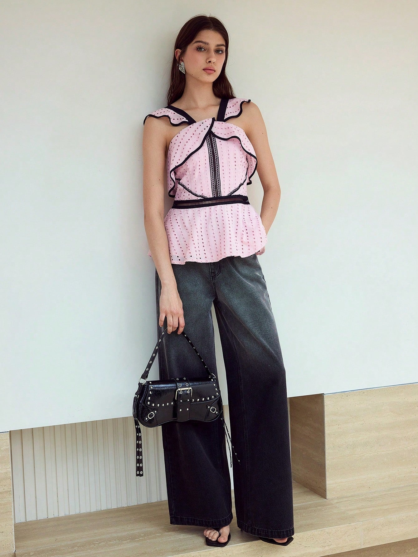 CM-TS070782 Women Elegant Seoul Style V-Neck Sleeveless Contrast Trim Ruffle Detail Top - Baby Pink