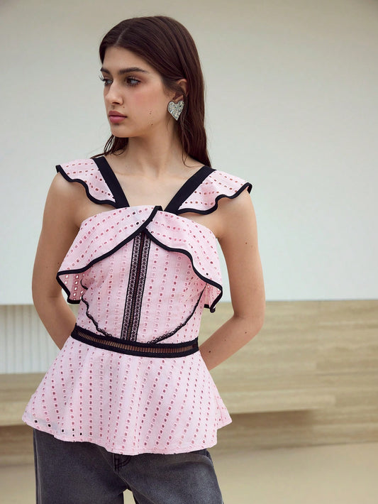 CM-TS070782 Women Elegant Seoul Style V-Neck Sleeveless Contrast Trim Ruffle Detail Top - Baby Pink