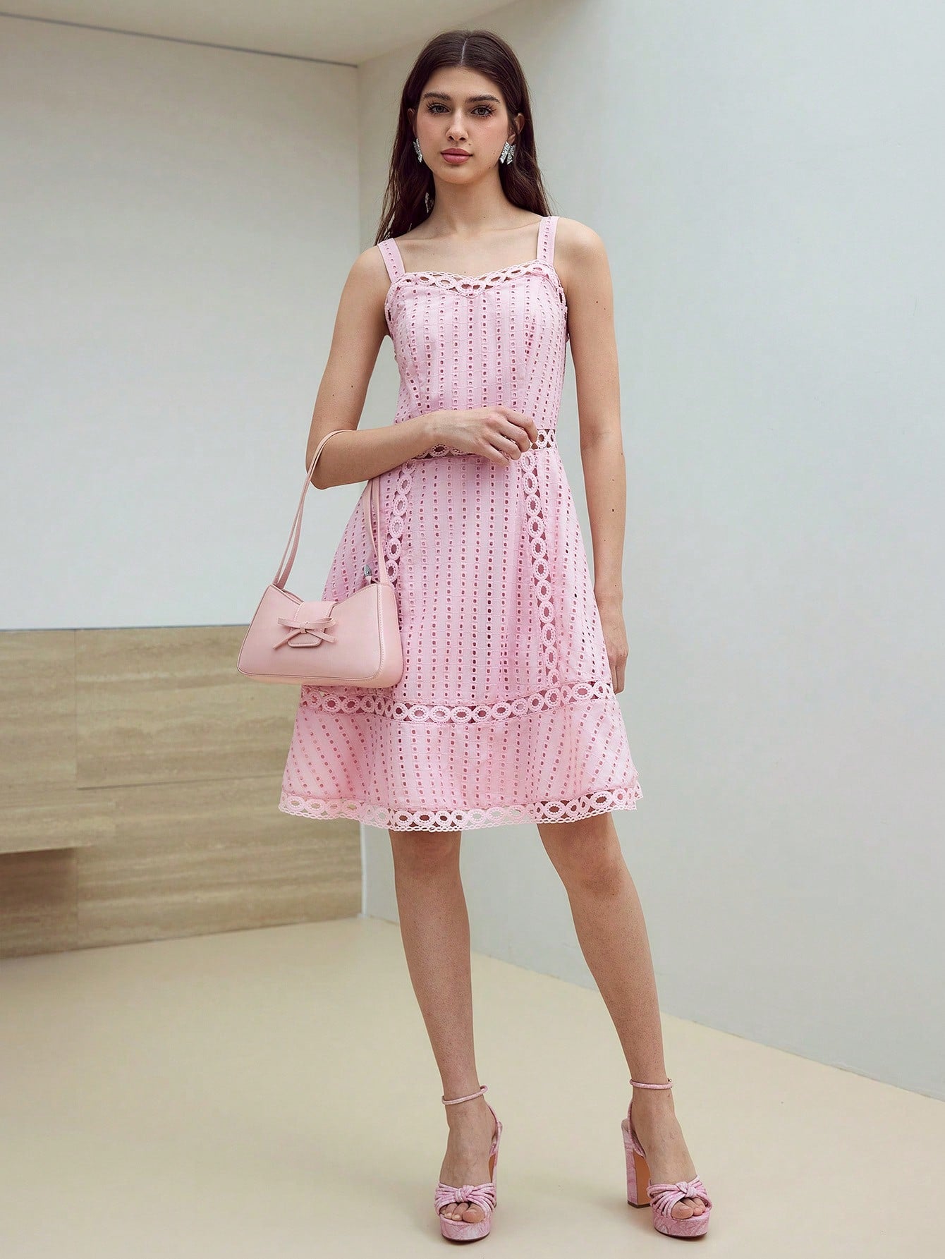 CM-DS345452 Women Elegant Seoul Style Sleeveless High Waist Contast Lace Zipper Dress - Pink