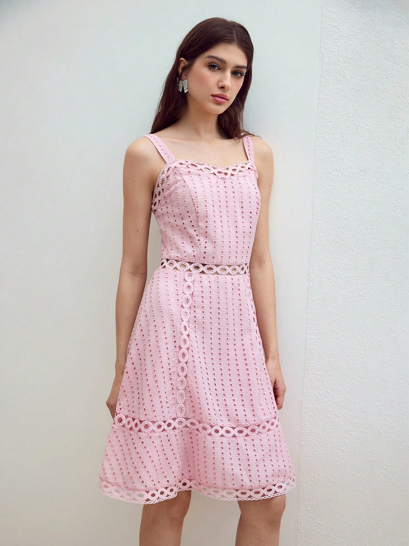 CM-DS345452 Women Elegant Seoul Style Sleeveless High Waist Contast Lace Zipper Dress - Pink
