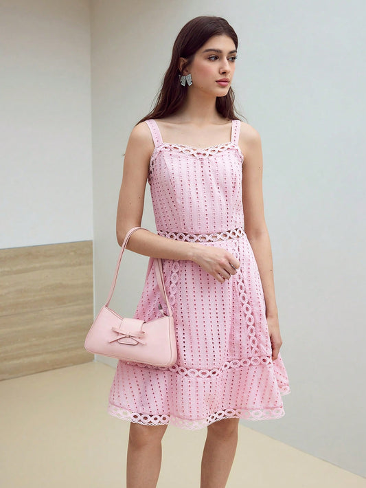 CM-DS345452 Women Elegant Seoul Style Sleeveless High Waist Contast Lace Zipper Dress - Pink