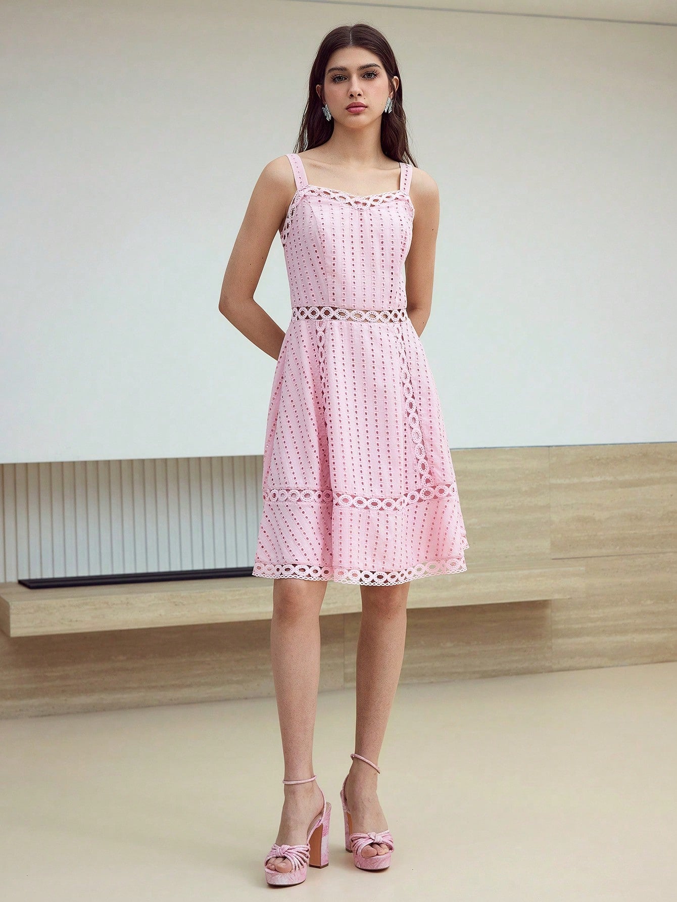 CM-DS345452 Women Elegant Seoul Style Sleeveless High Waist Contast Lace Zipper Dress - Pink