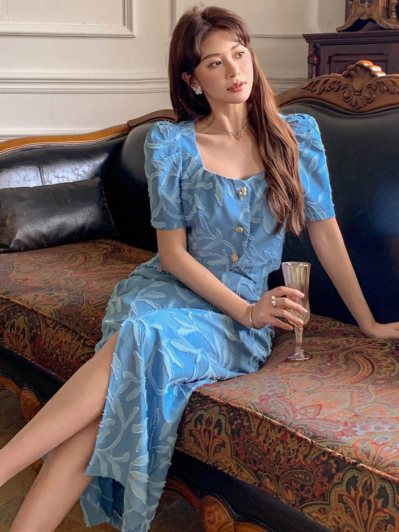 CM-SS066644 Women Elegant Seoul Style Square Neck Puff Sleeve Blouse With Long Skirt - Set