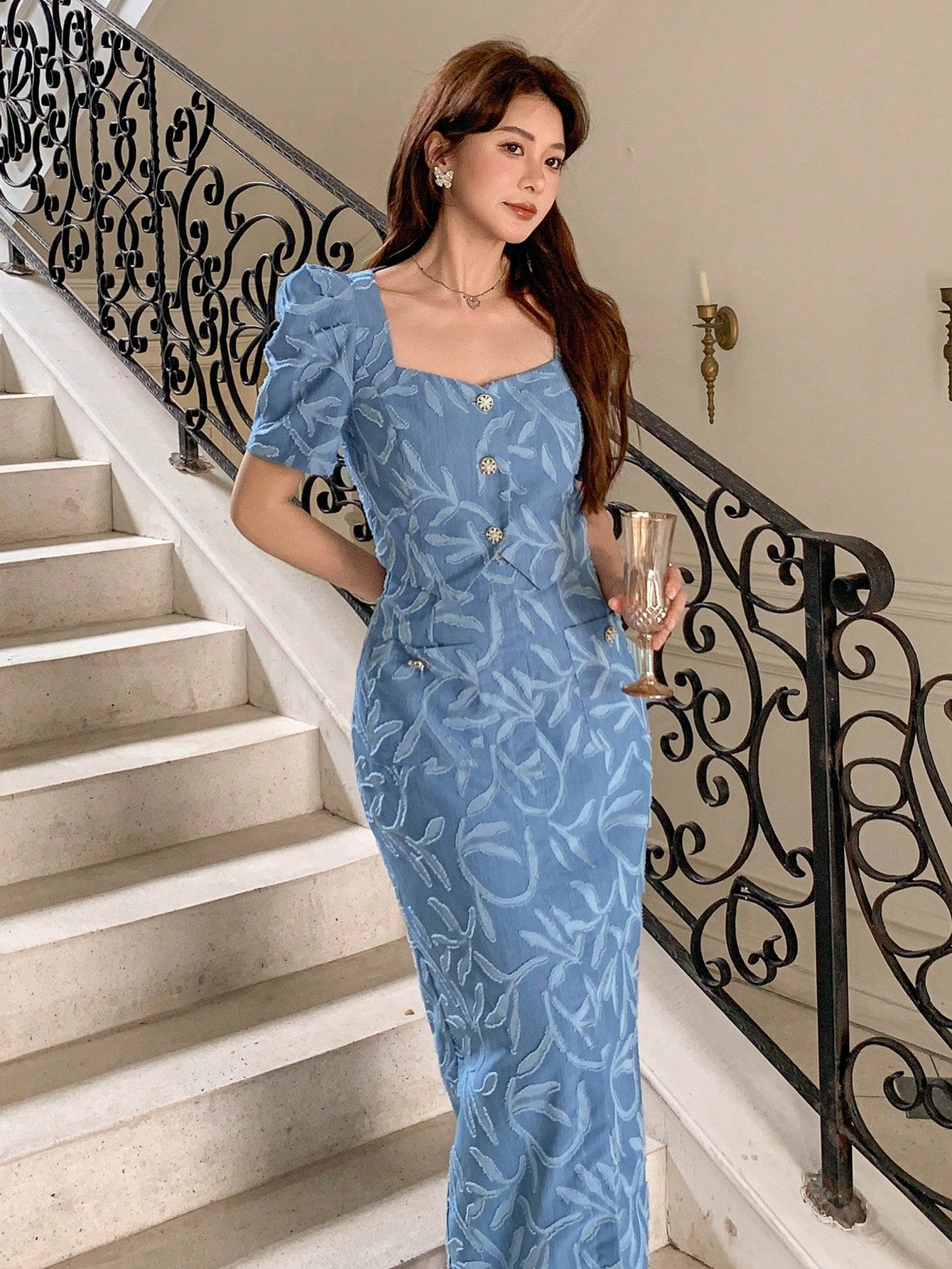 CM-SS066644 Women Elegant Seoul Style Square Neck Puff Sleeve Blouse With Long Skirt - Set
