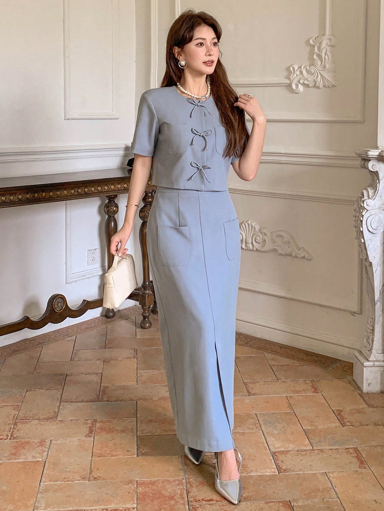 CM-SS402996 Women Elegant Seoul Style Round Neck Puff Sleeve Bow Decor Blouse With Long Pencil Skirt - Set