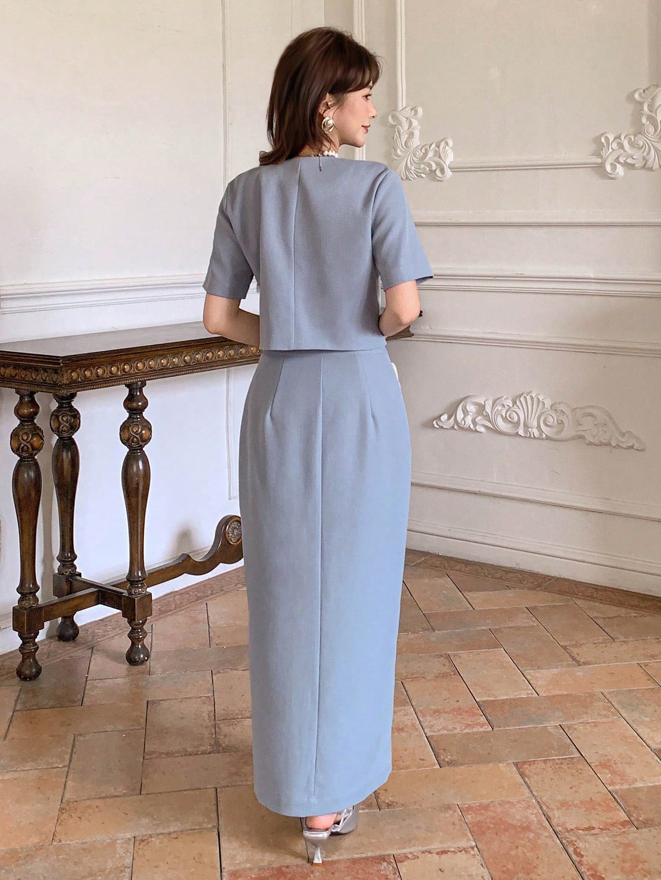 CM-SS402996 Women Elegant Seoul Style Round Neck Puff Sleeve Bow Decor Blouse With Long Pencil Skirt - Set