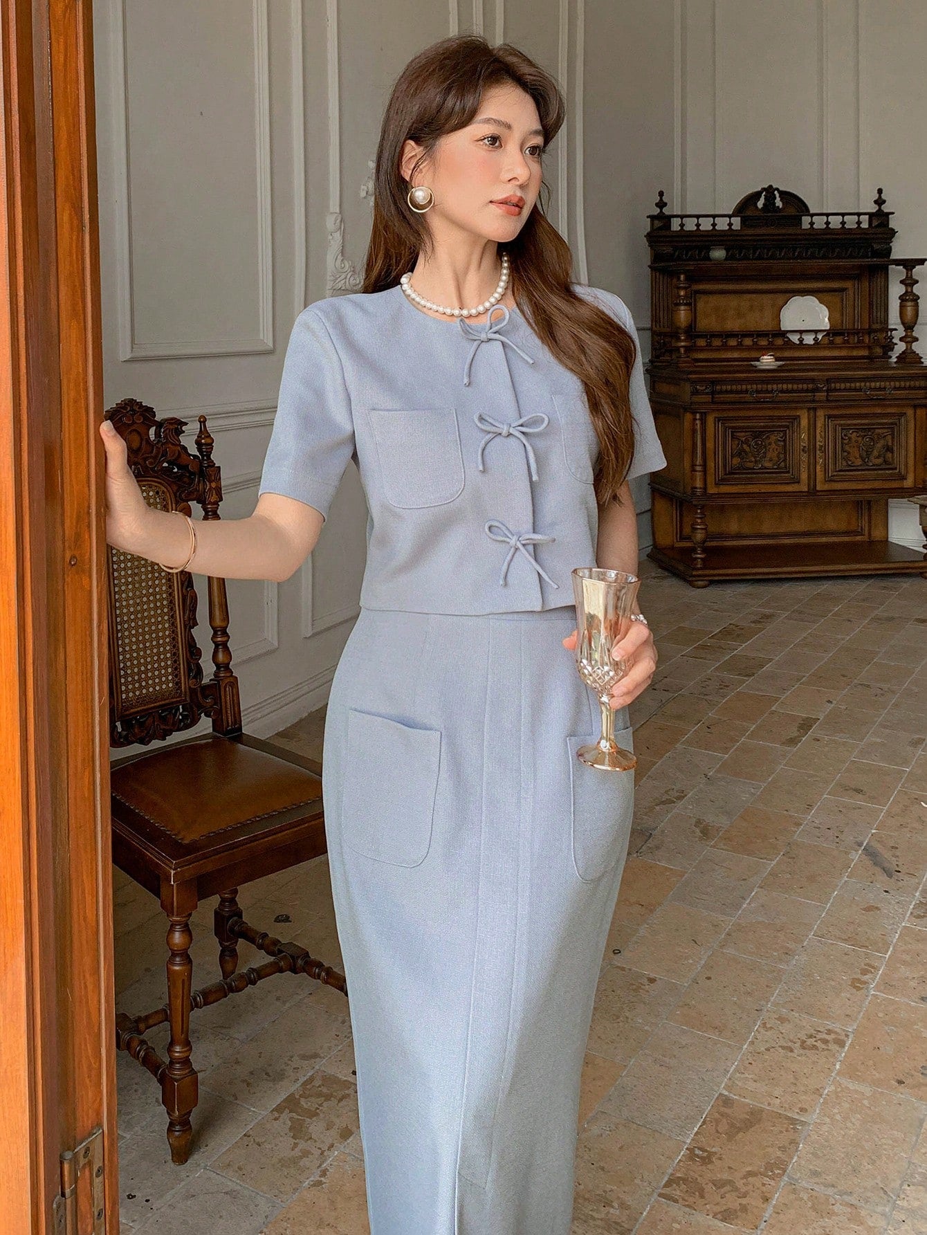 CM-SS402996 Women Elegant Seoul Style Round Neck Puff Sleeve Bow Decor Blouse With Long Pencil Skirt - Set