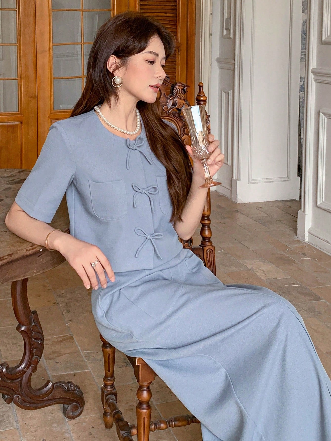 CM-SS402996 Women Elegant Seoul Style Round Neck Puff Sleeve Bow Decor Blouse With Long Pencil Skirt - Set