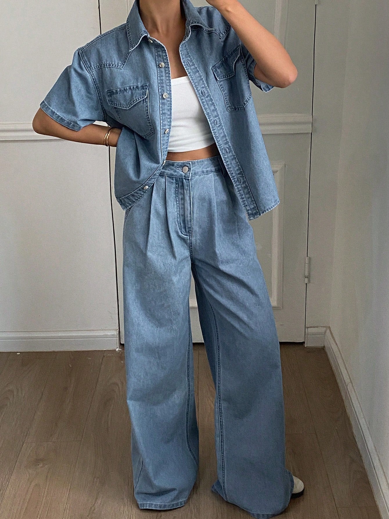 CM-SS389358 Women Casual Seoul Style Light Wash Short Sleeve Denim Blouse With Long Pants - Set