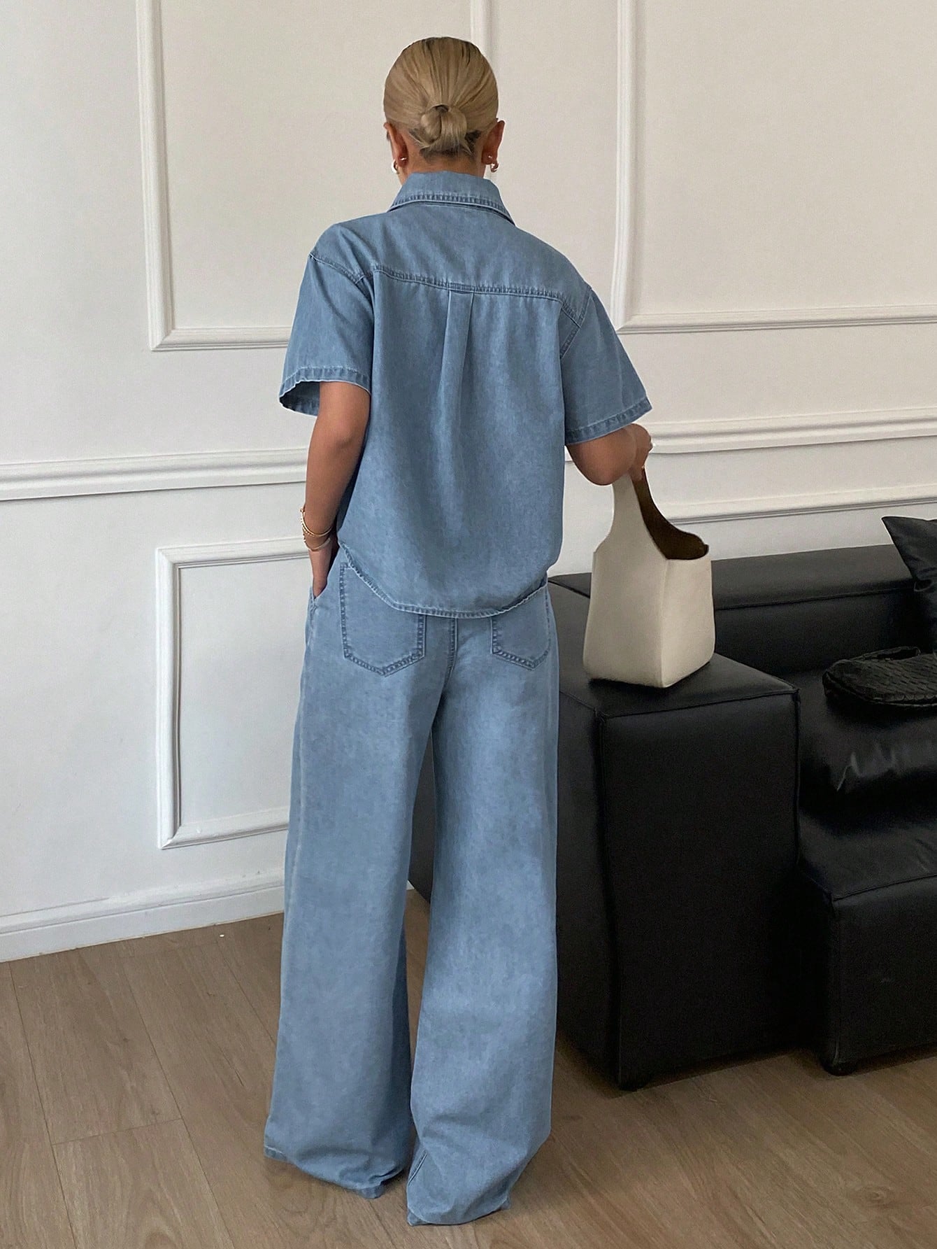 CM-SS389358 Women Casual Seoul Style Light Wash Short Sleeve Denim Blouse With Long Pants - Set