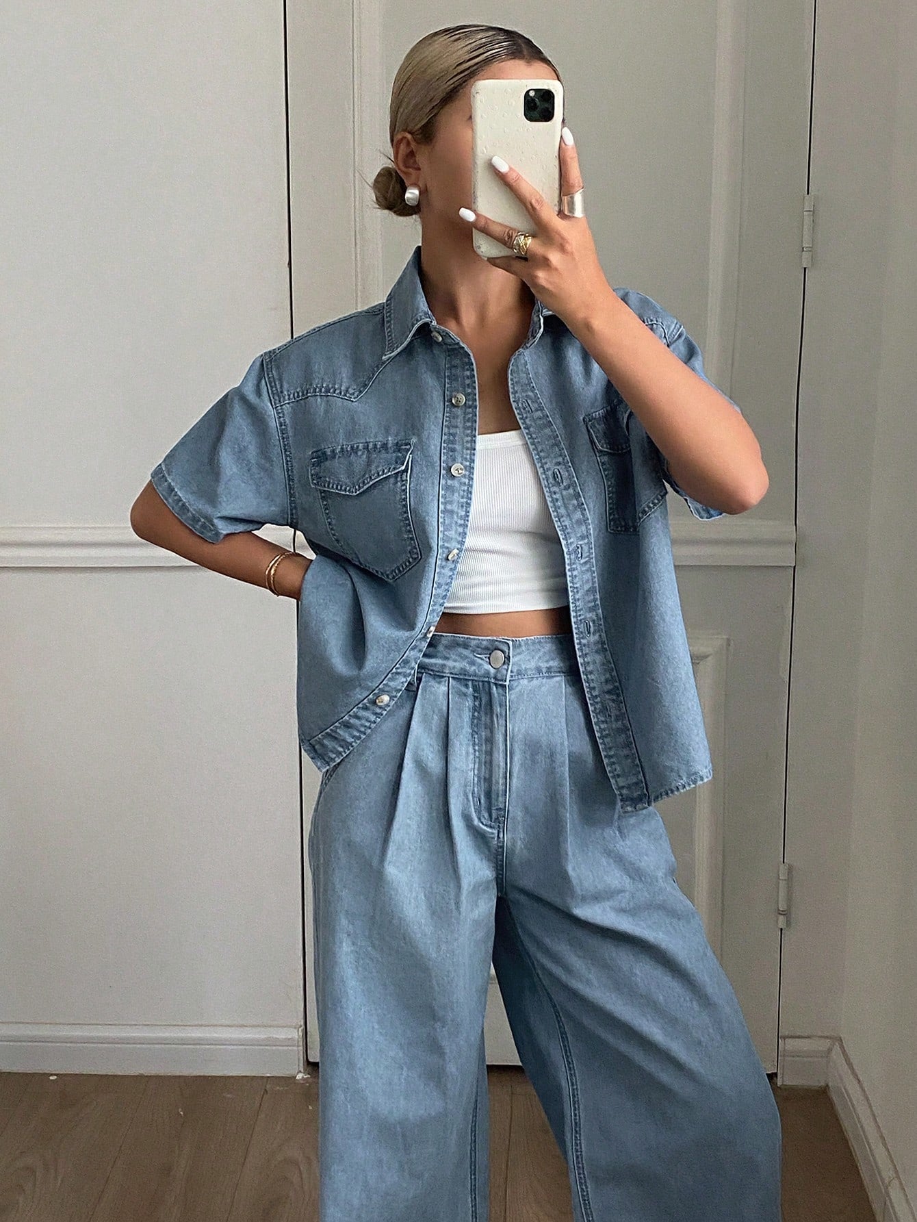 CM-SS389358 Women Casual Seoul Style Light Wash Short Sleeve Denim Blouse With Long Pants - Set