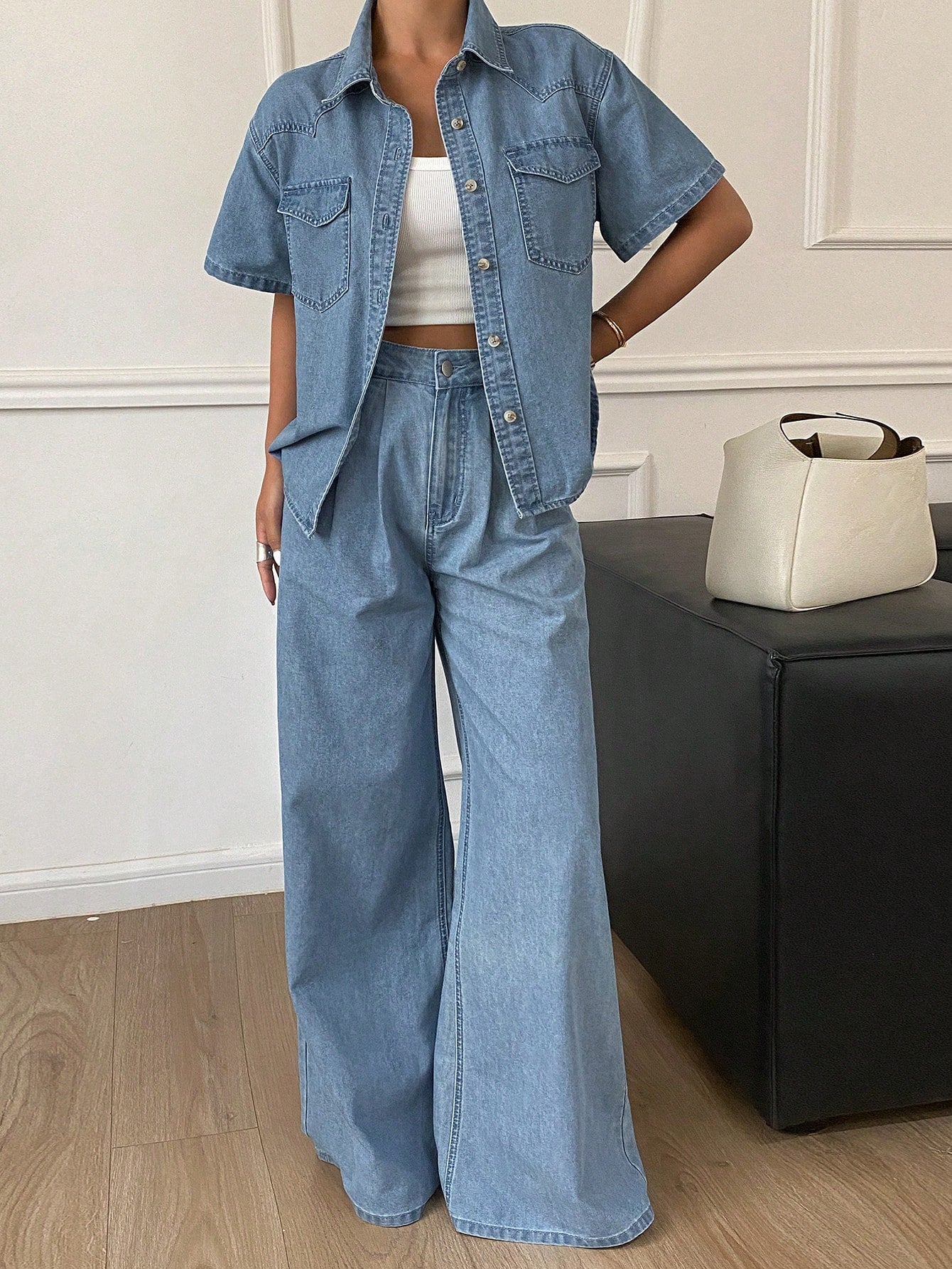 CM-SS389358 Women Casual Seoul Style Light Wash Short Sleeve Denim Blouse With Long Pants - Set